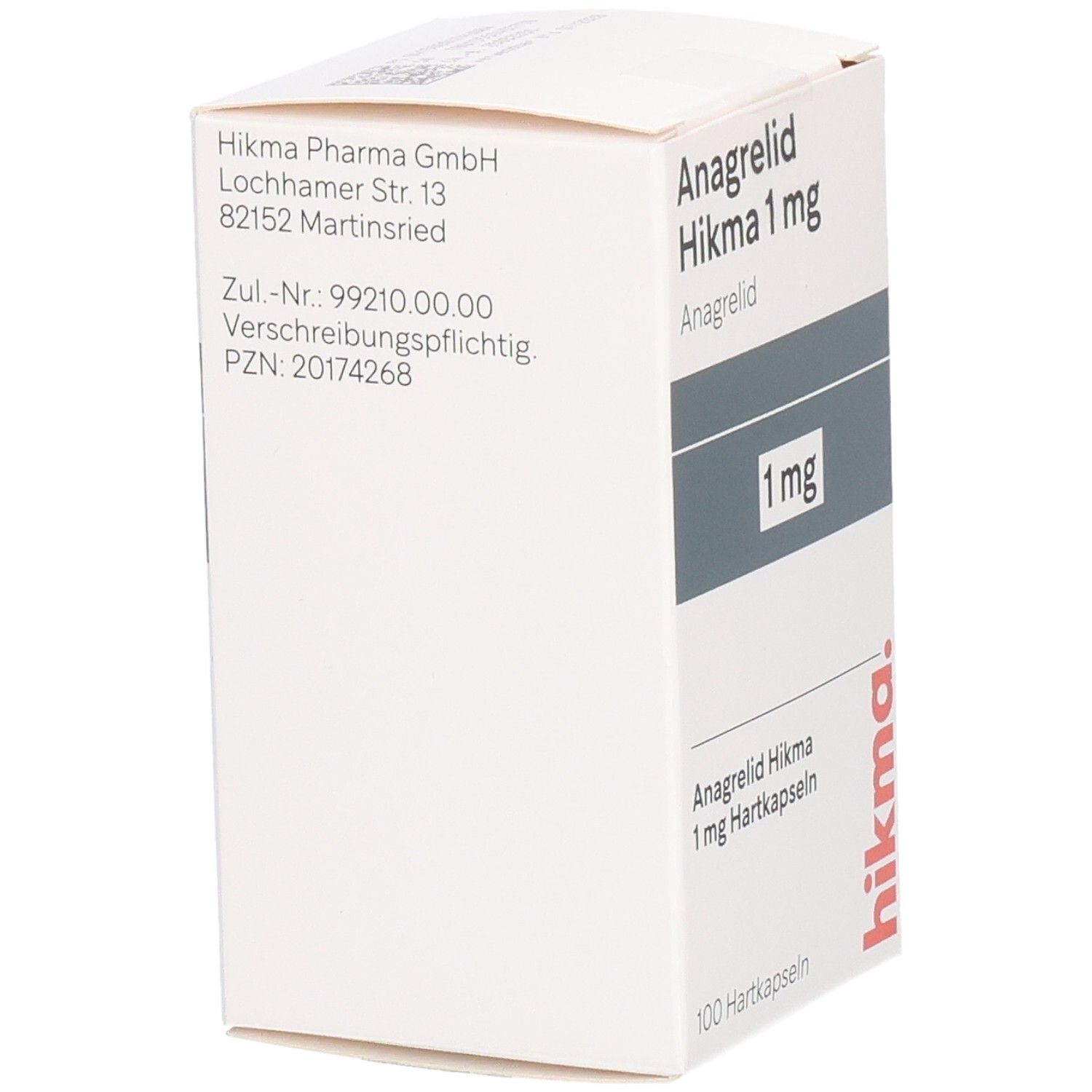 Weiße Faltschachtel mit Aufschrift Anagrelid Hikma 1 mg Hartkapseln. Enthält 100 Hartkapseln. Logo Hikma. Rückseite mit Herstellerinformationen.