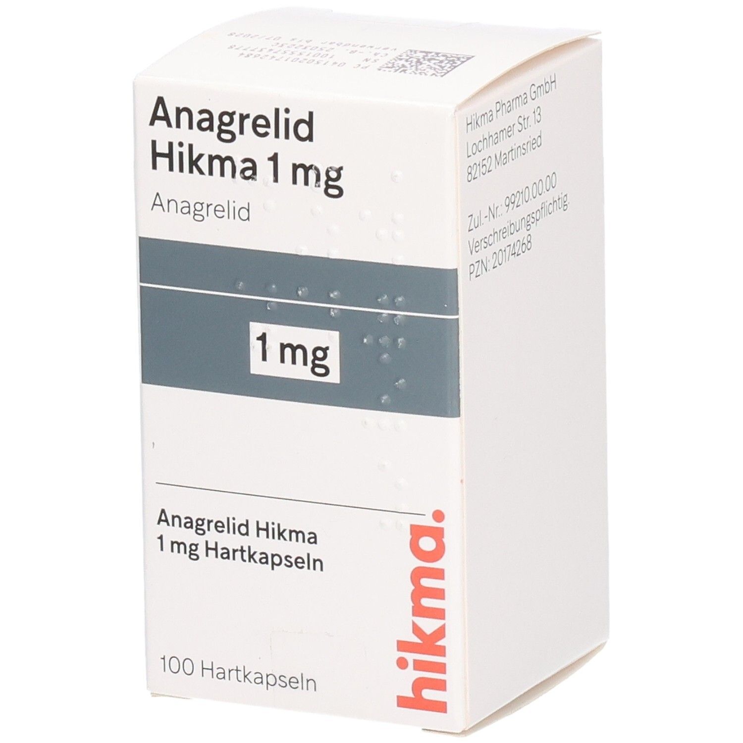 Weiße Faltschachtel mit Aufschrift Anagrelid Hikma 1 mg Hartkapseln. Enthält 100 Hartkapseln. Logo Hikma. Rückseite mit Herstellerinformationen.