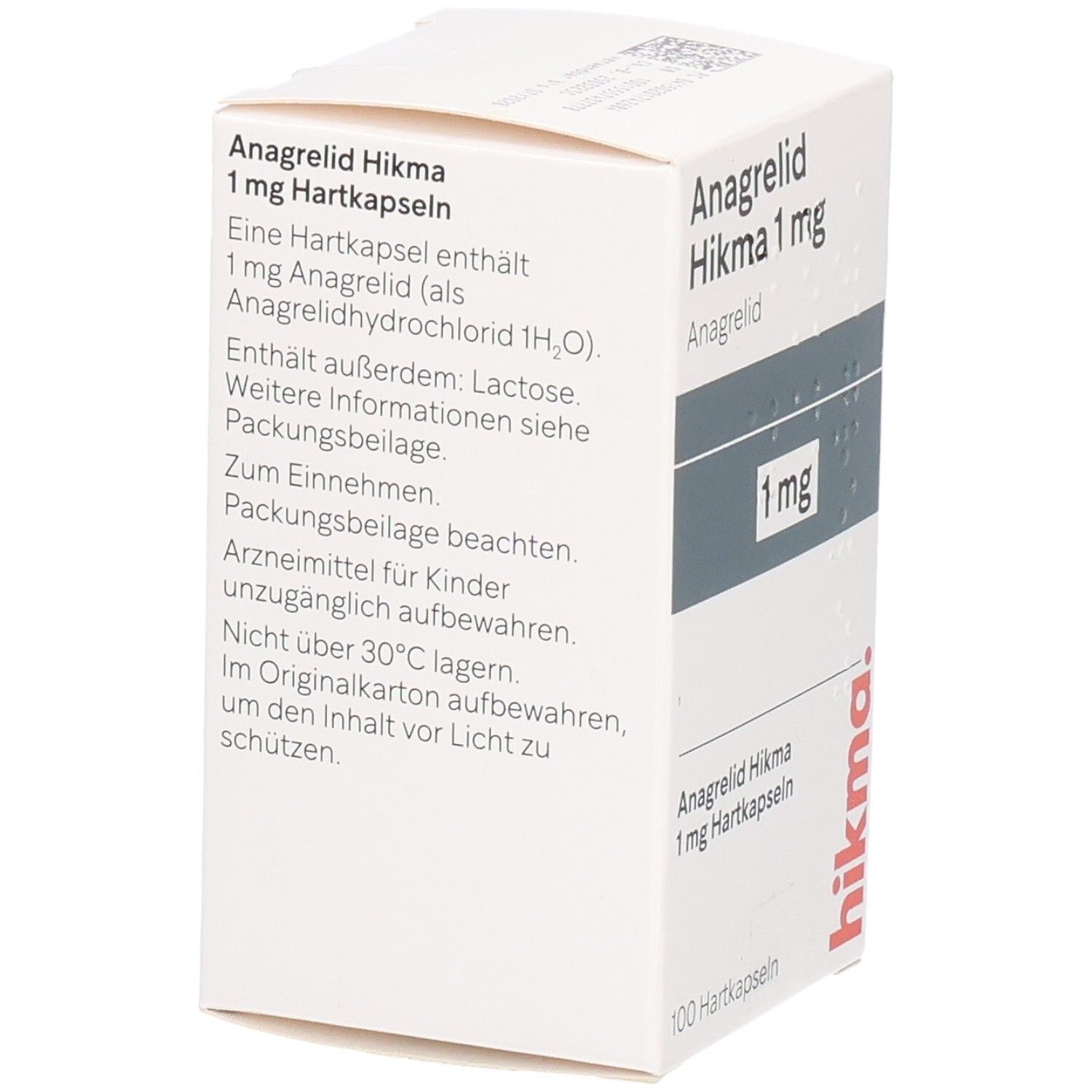Weiße Faltschachtel mit Aufschrift Anagrelid Hikma 1 mg Hartkapseln. Enthält 100 Hartkapseln. Logo Hikma. Rückseite mit Herstellerinformationen.