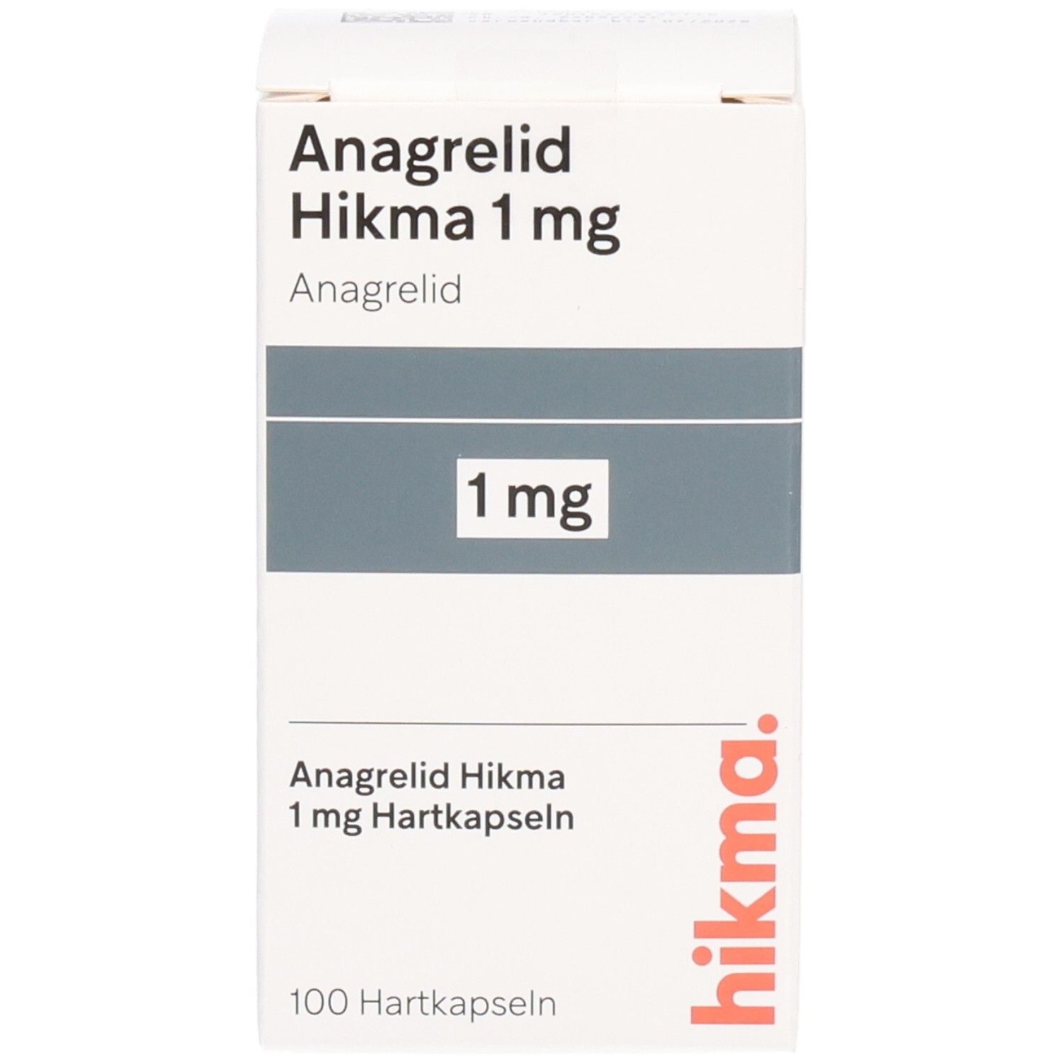 Weiße Faltschachtel mit Aufschrift Anagrelid Hikma 1 mg Hartkapseln. Enthält 100 Hartkapseln. Logo Hikma.