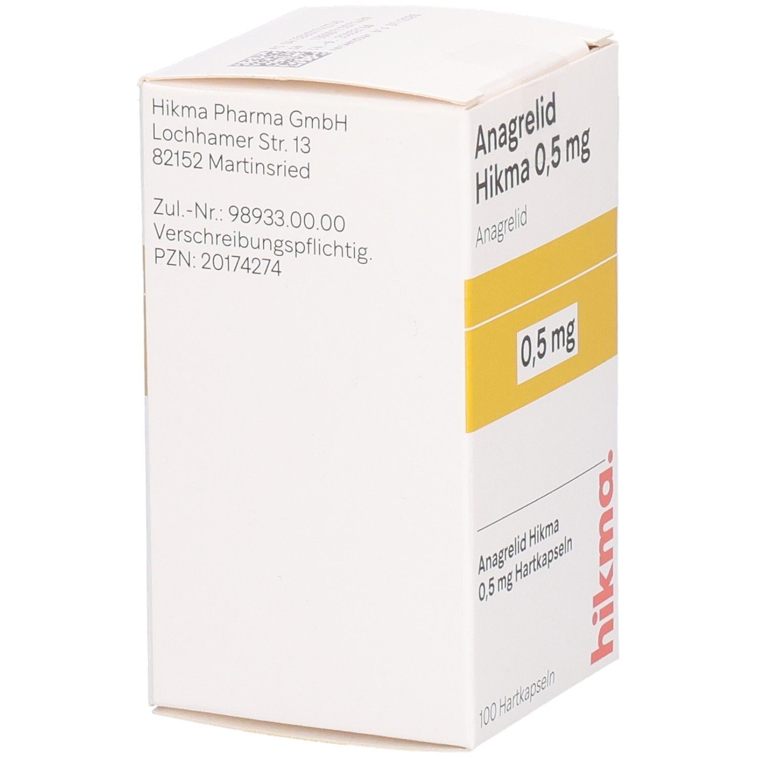 Weiße Medikamentenbox mit Aufdrucken. Aufschrift: Anagrelid Hikma 0,5 mg Hartkapseln. 100 Hartkapseln. Hikma Logo. Adressinformationen.