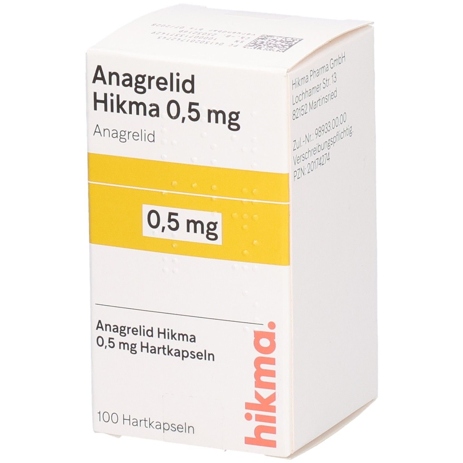 Weiße Medikamentenbox mit gelbem Streifen. Aufschrift: Anagrelid Hikma 0,5 mg Hartkapseln. 0,5 mg. 100 Hartkapseln. Hikma Logo.