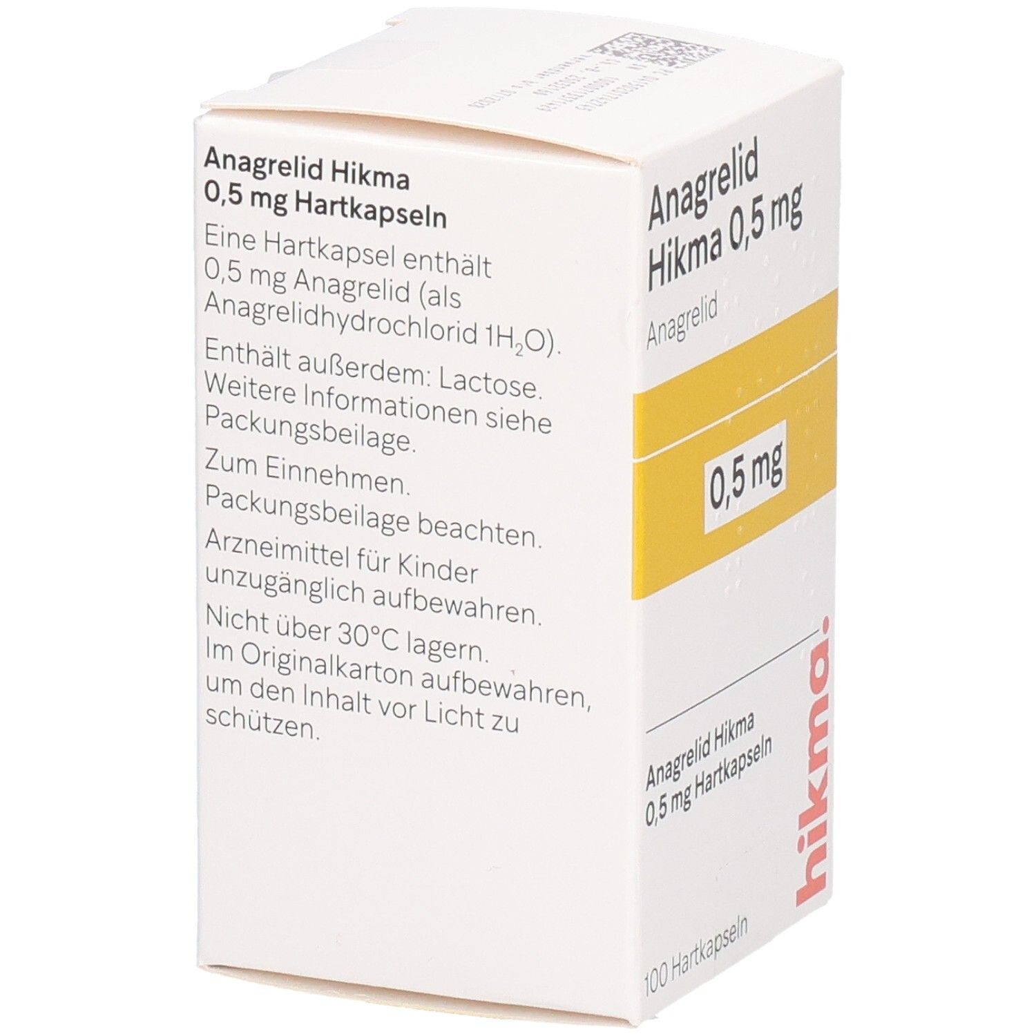 Weiße Medikamentenbox mit gelbem Streifen. Aufschrift: Anagrelid Hikma 0,5 mg Hartkapseln. 0,5 mg. 100 Hartkapseln. Hikma Logo.