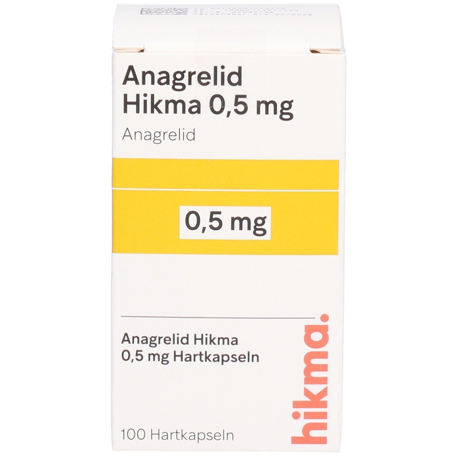 Weiße Medikamentenbox mit gelbem Streifen. Aufschrift: Anagrelid Hikma 0,5 mg Hartkapseln. 0,5 mg. 100 Hartkapseln. Hikma Logo.