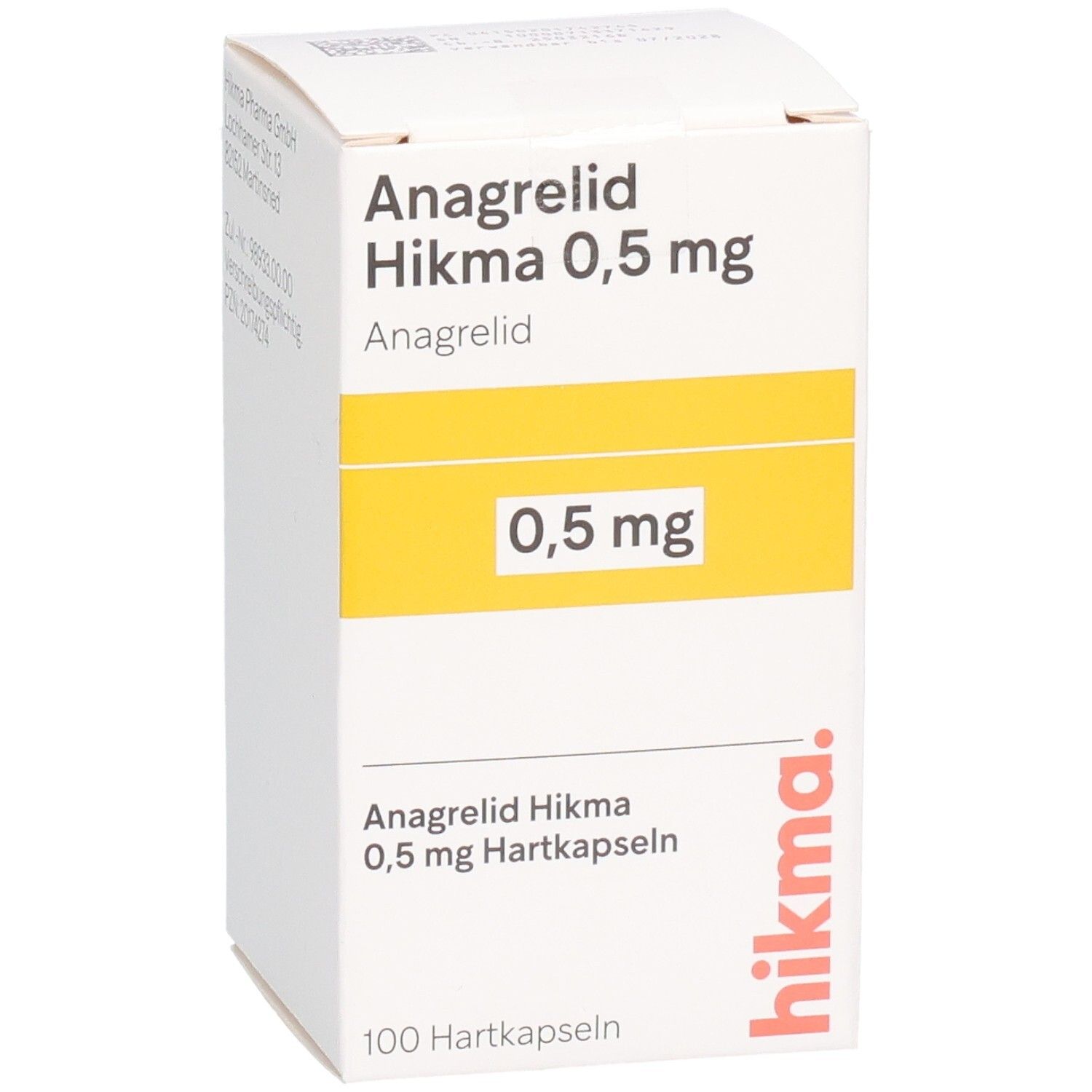 Weiße Medikamentenbox mit gelbem Streifen. Aufschrift: Anagrelid Hikma 0,5 mg Hartkapseln. 0,5 mg. 100 Hartkapseln. Hikma Logo.
