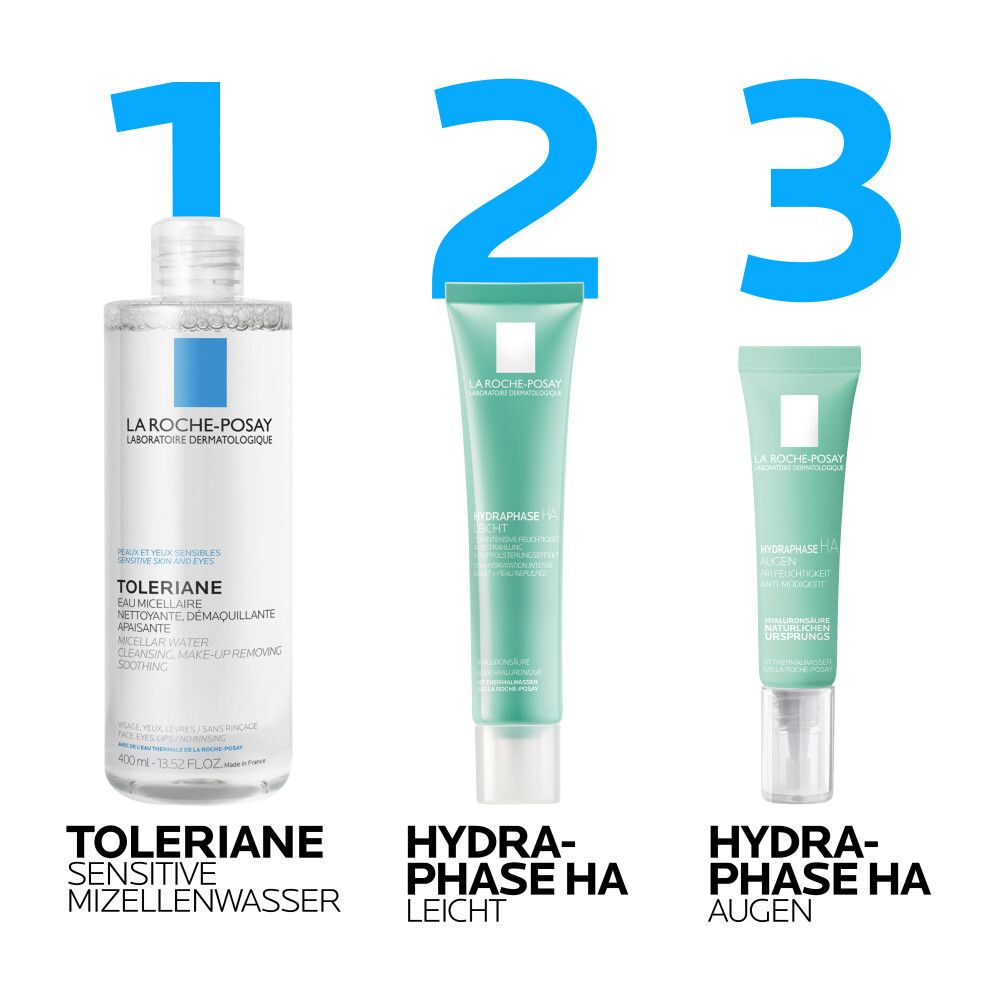 Drei Produkte: Toleriane Mizellenwasser, Hydraphase HA Leicht, Hydraphase HA Augen.
