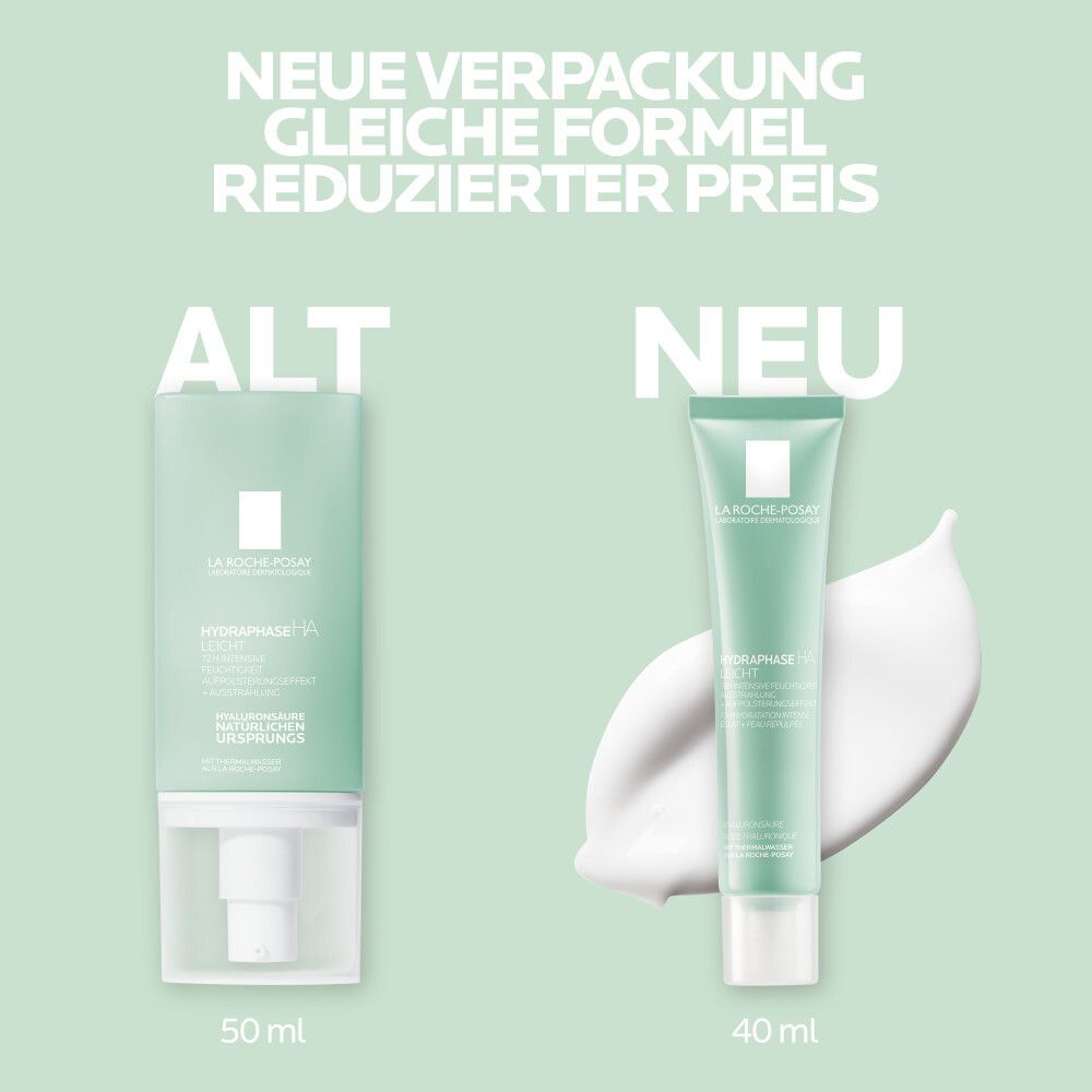 Vergleich: Alte und neue Verpackung La Roche-Posay Hydraphase HA Leicht. 50ml vs. 40ml.