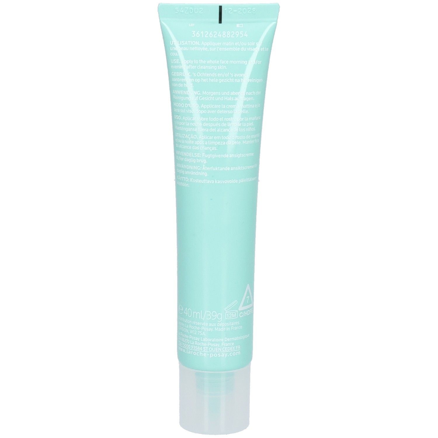 Rückseite der türkisfarbenen Tube. Text in weißer Schrift.