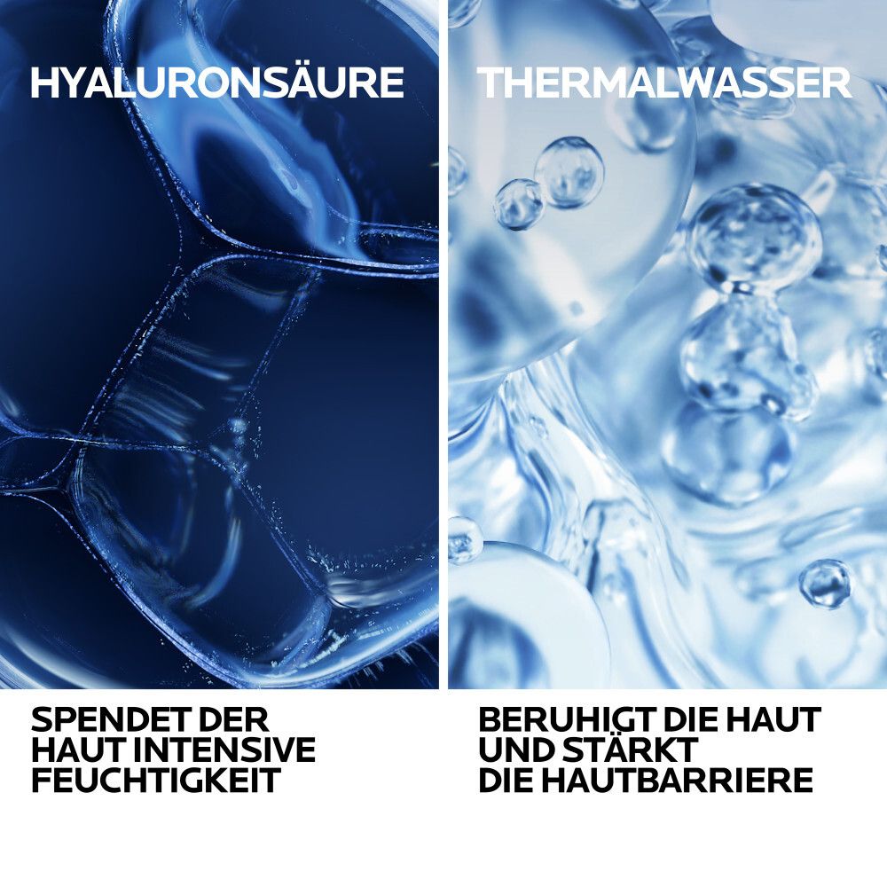 Zwei Bereiche: Hyaluronsäure und Thermalwasser. Text: Spendet intensive Feuchtigkeit, beruhigt die Haut.
