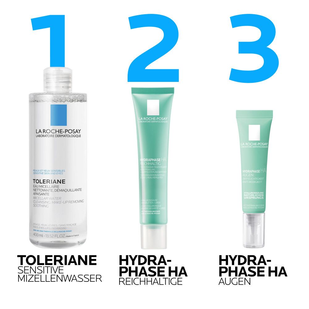 Drei Produkte: Mizellenwasser, Hydraphase HA Reichhaltig, Hydraphase HA Augen.