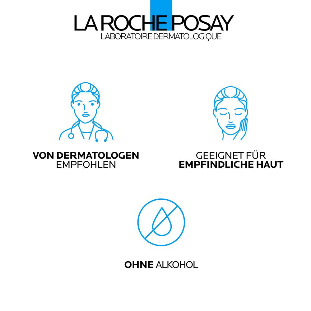 Symbole: Von Dermatologen empfohlen, für empfindliche Haut geeignet, ohne Alkohol.