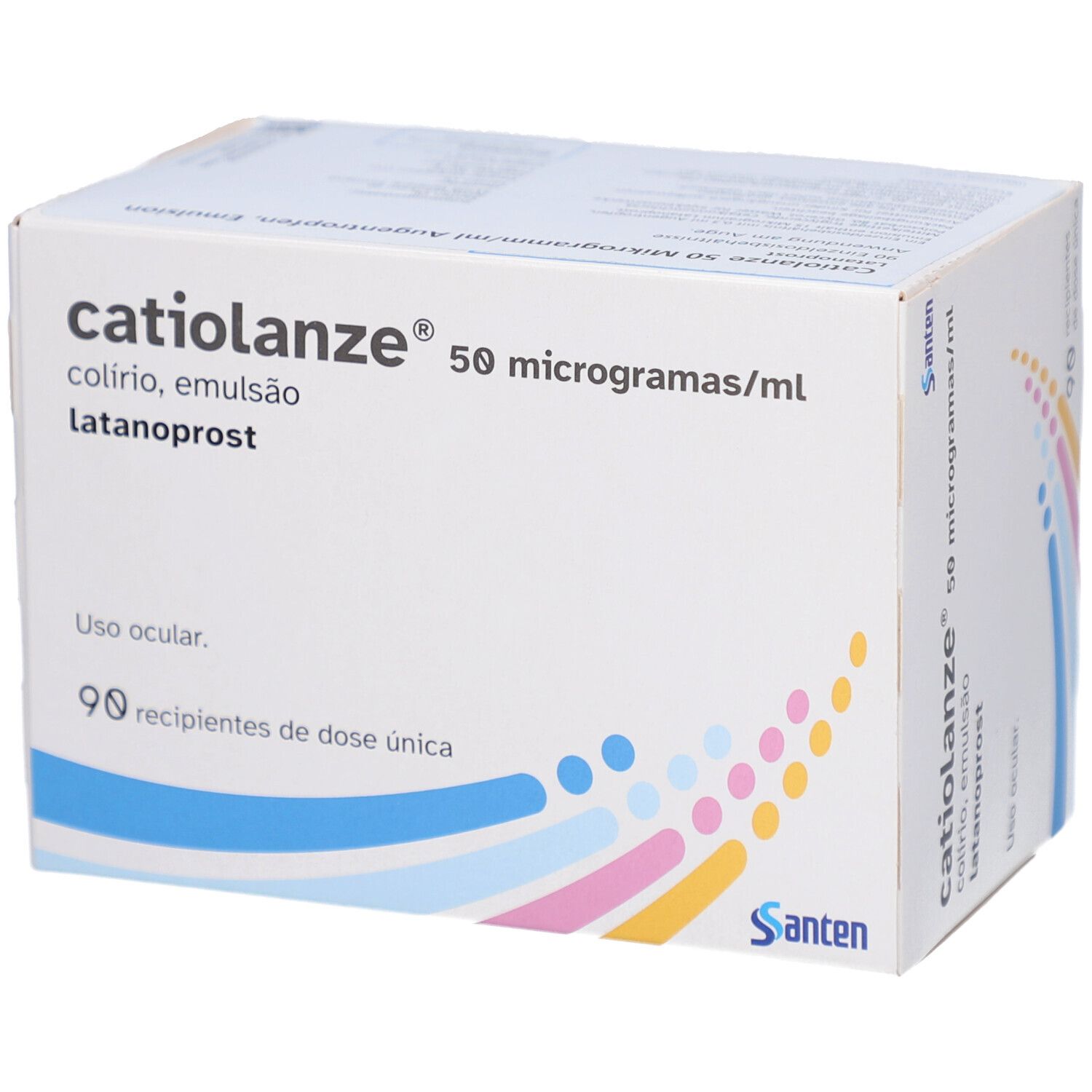 Weiße Faltschachtel mit Produktnamen und Dosierungsangabe. Enthält 90 Einzeldosisbehälter. Herstellerlogo unten rechts.