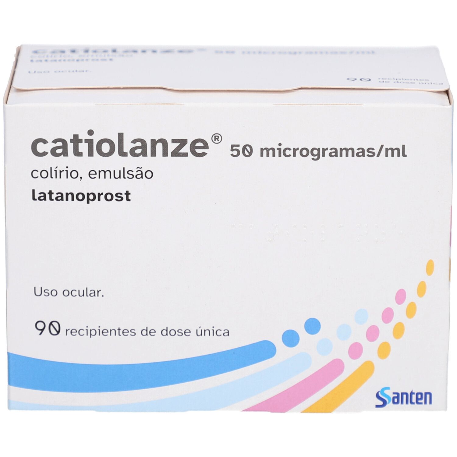 Weiße Faltschachtel mit Produktnamen und Dosierungsangabe. Enthält 90 Einzeldosisbehälter. Herstellerlogo unten rechts.