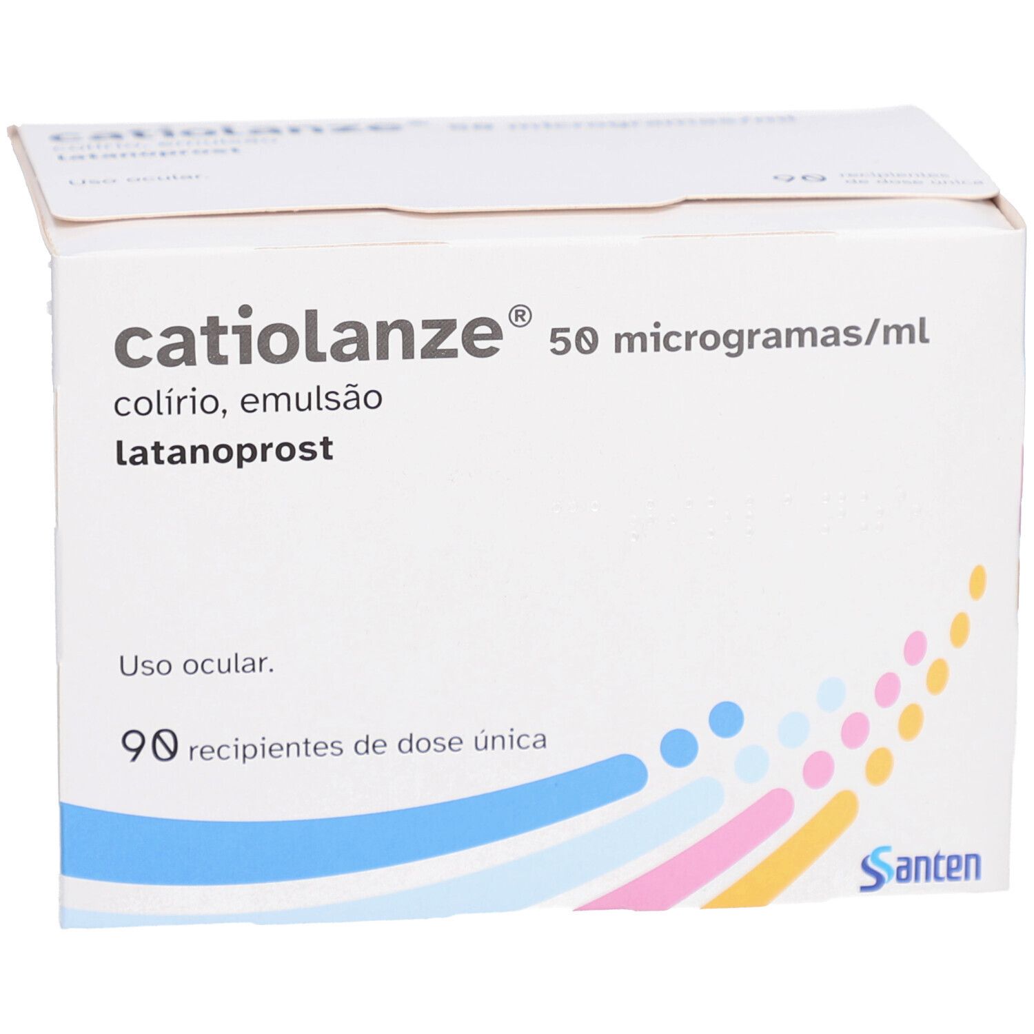 Weiße Faltschachtel mit Produktnamen und Dosierungsangabe. Enthält 90 Einzeldosisbehälter. Herstellerlogo unten rechts.