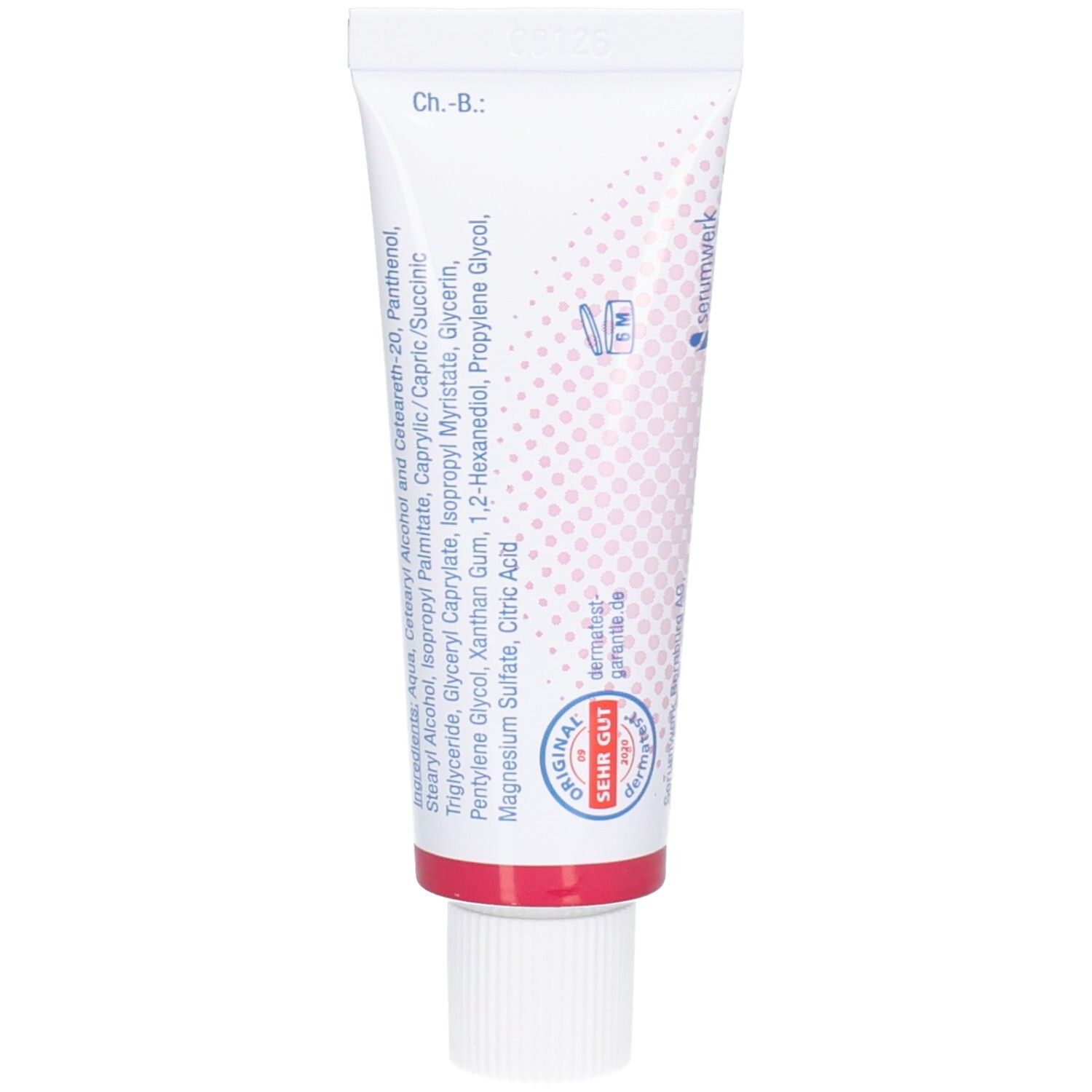 Rückseite der Pyolysin Panthenol Creme Tube mit Inhaltsstoffen und Siegeln.