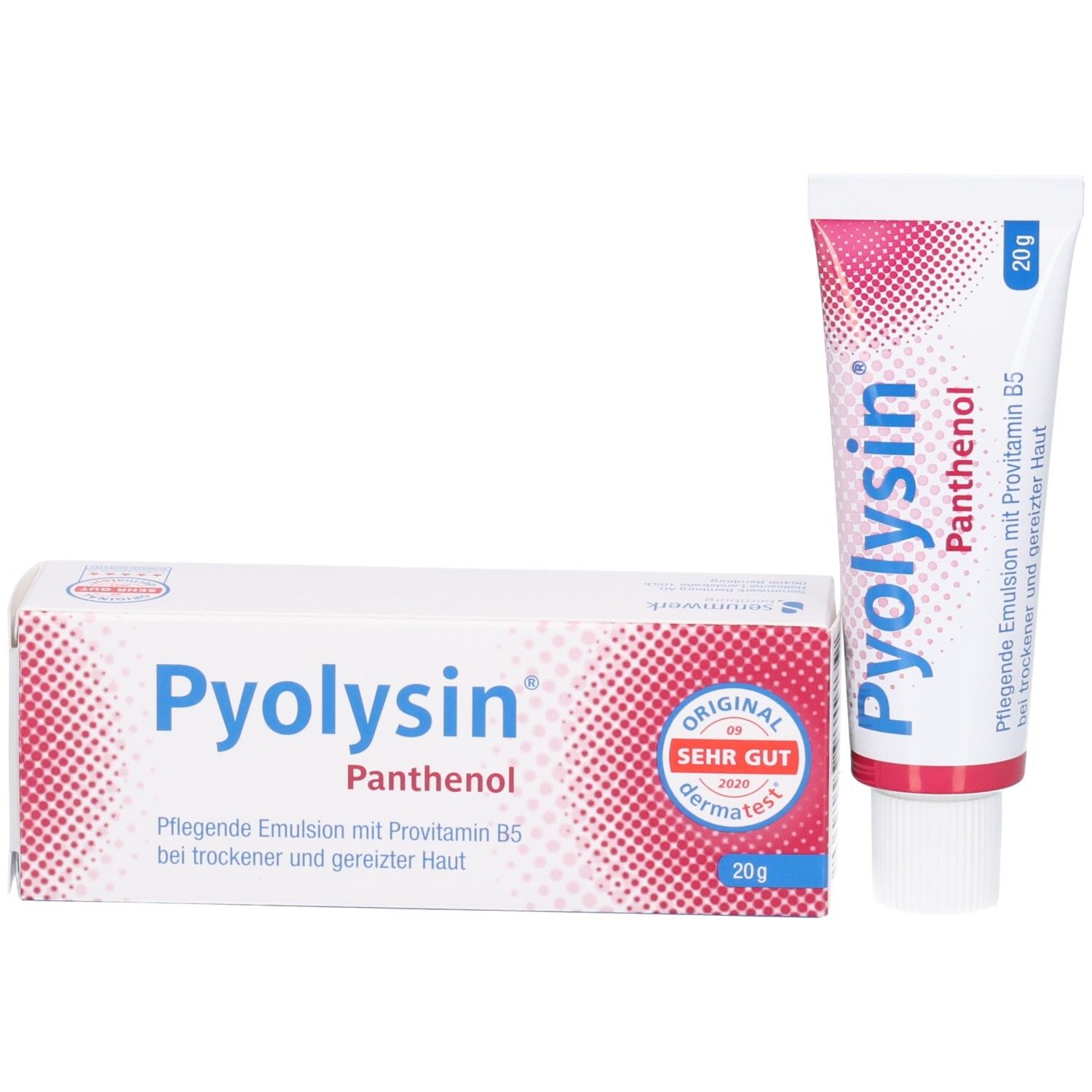 Pyolysin Panthenol Creme Tube und Faltschachtel, 20g. Mit dermatest Siegel.