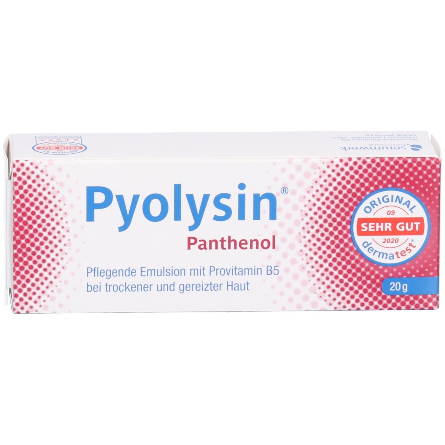Faltschachtel der Pyolysin Panthenol Creme, 20g. Mit dermatest Siegel.
