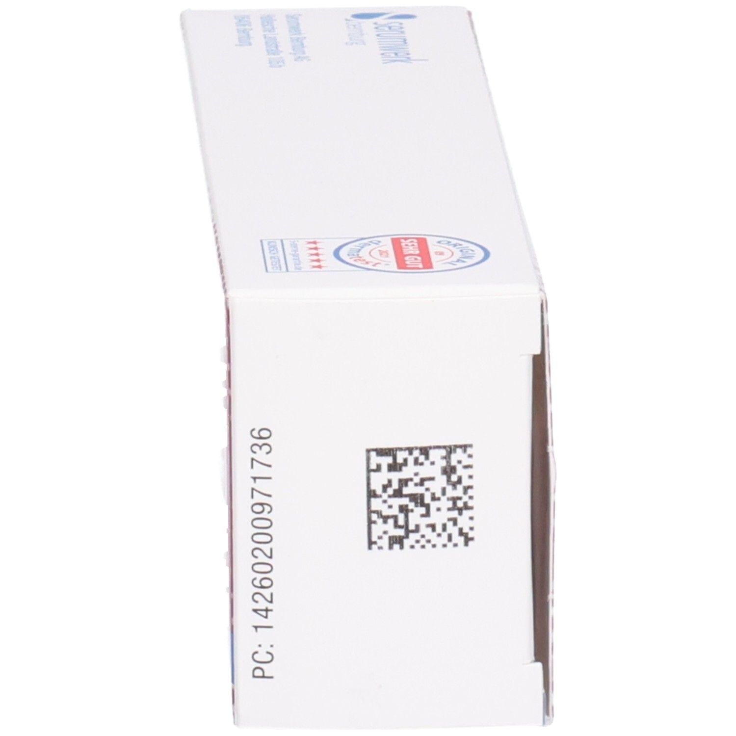 Seite der Pyolysin Panthenol Creme Faltschachtel mit Barcode und Chargennummer.