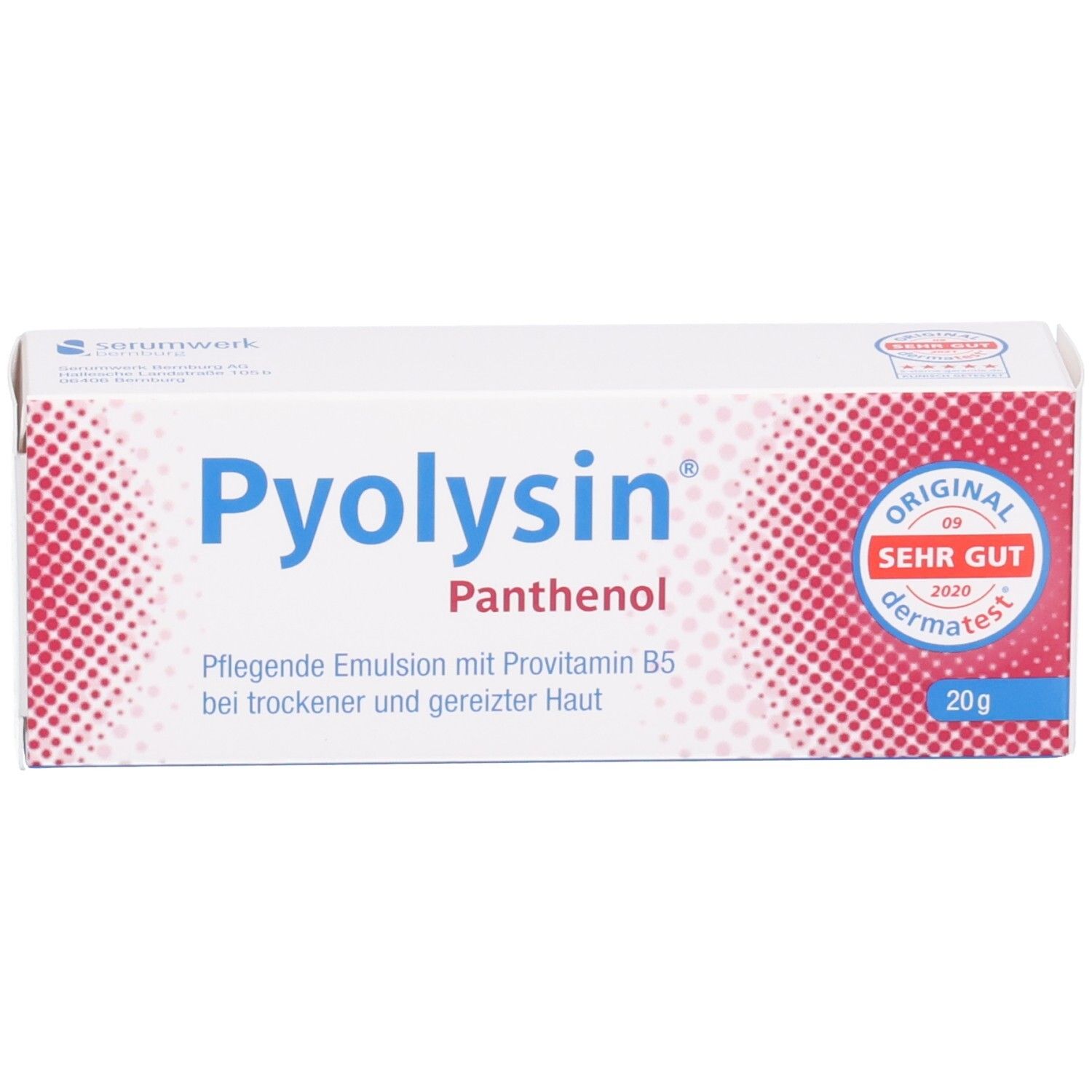 Vorderseite der Pyolysin Panthenol Creme Faltschachtel, 20g. Mit dermatest Siegel.