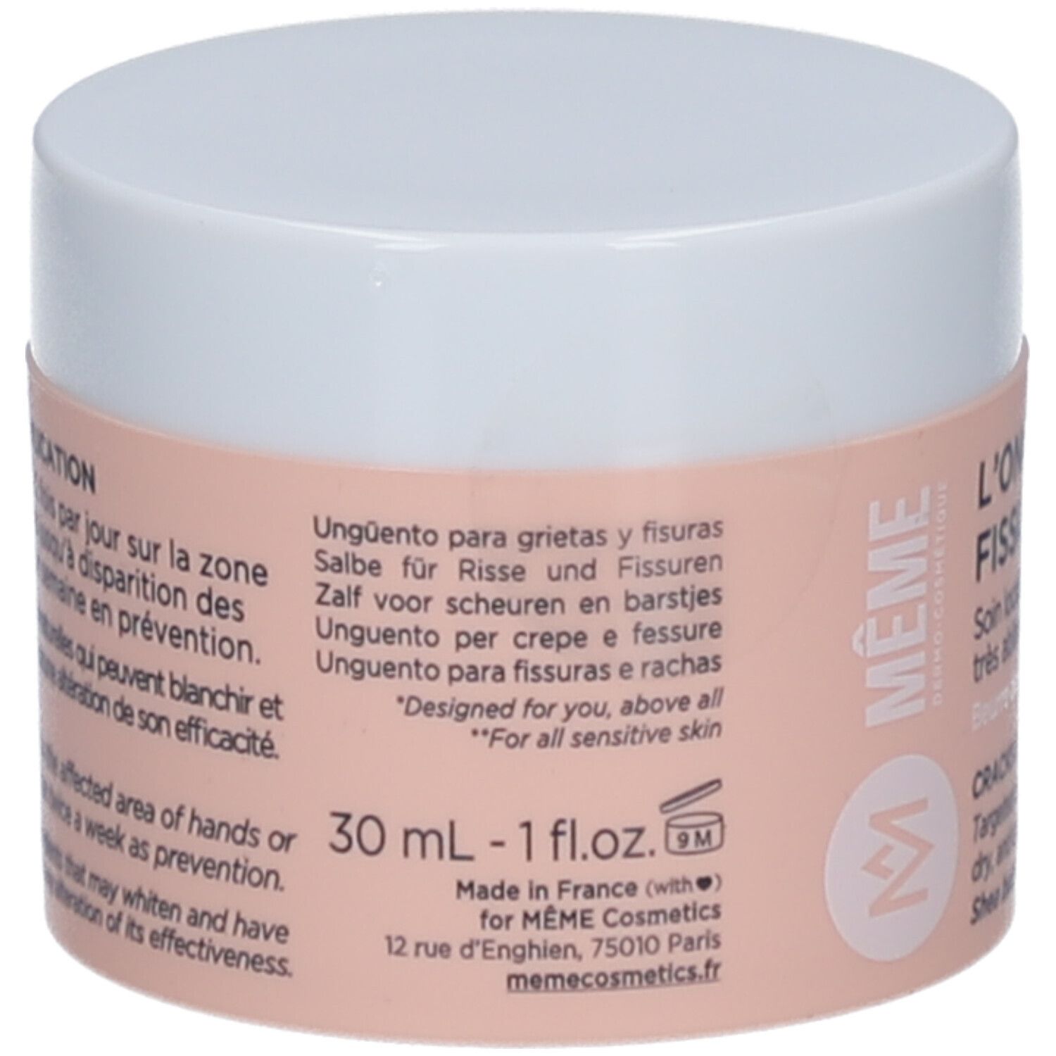 Cremebehälter mit weißem Deckel und rosa Etikett. Text: Unguento, Salbe, Zalf, Onguent. Marke: MÊME Cosmetics.