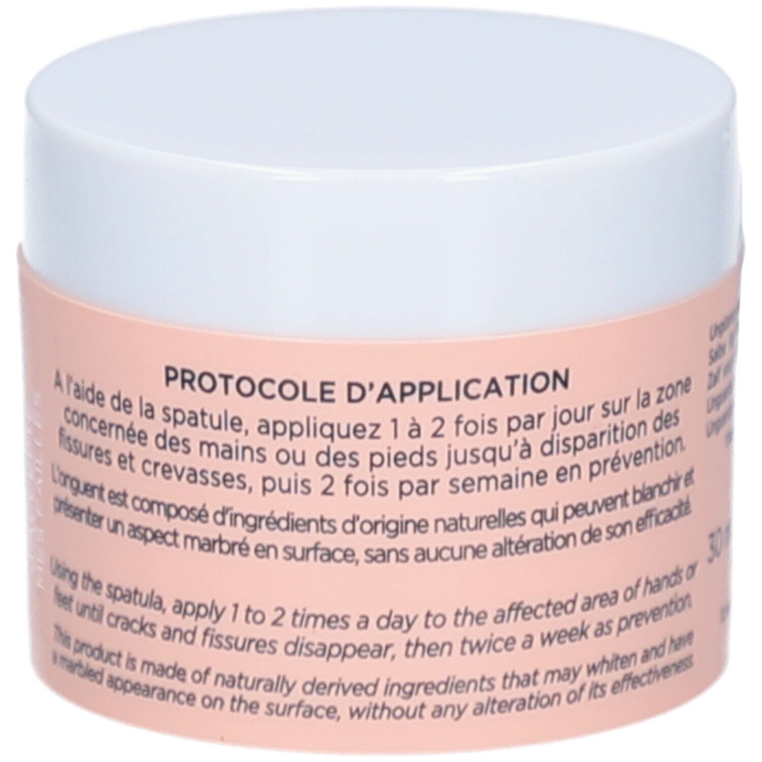 Cremebehälter mit weißem Deckel und rosa Etikett. Text: Protokoll d'application, 30 ml. Marke: MÊME Cosmetics.