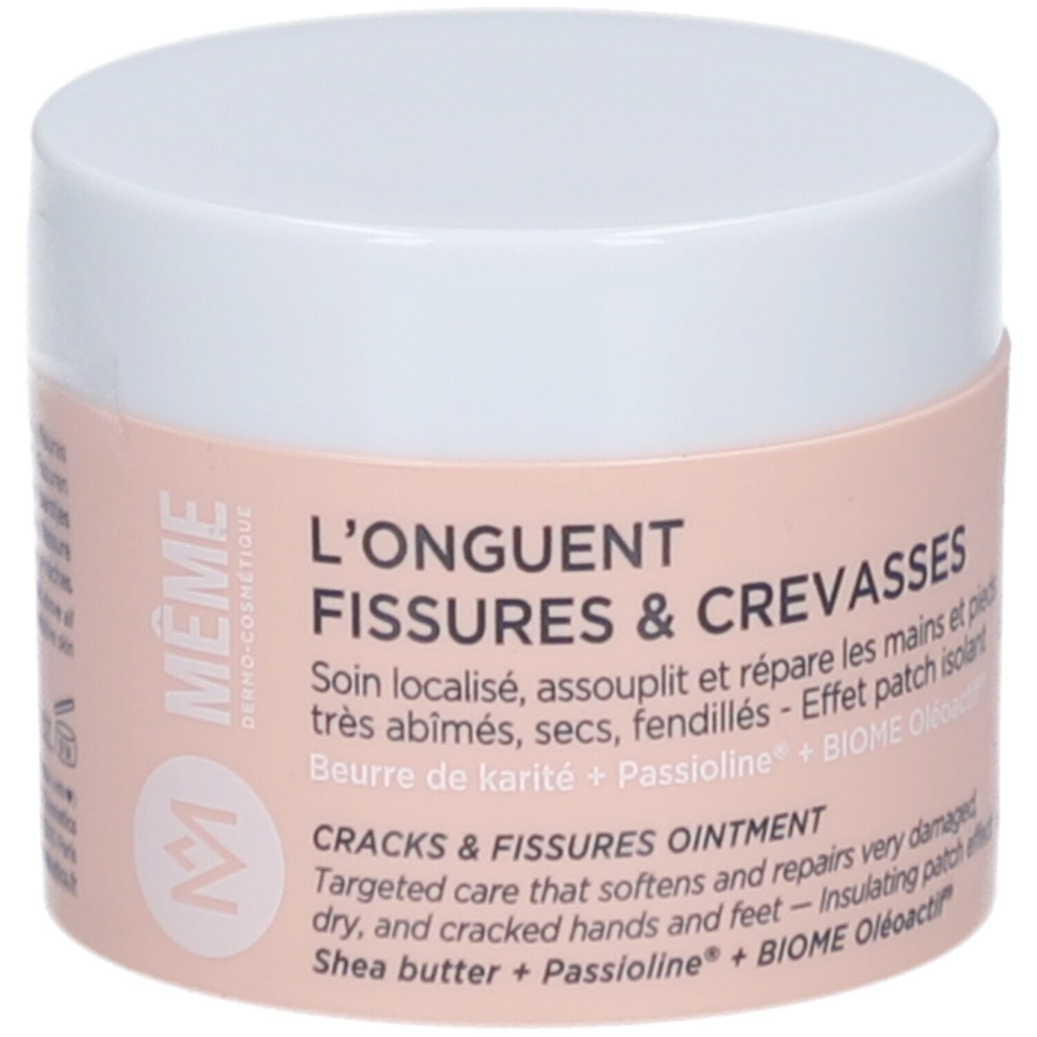 Cremebehälter mit weißem Deckel und rosa Etikett. Text: L’Onguent Fissures & Crevasses, Shea butter + Passioline. Marke: MÊME Cosmetics.