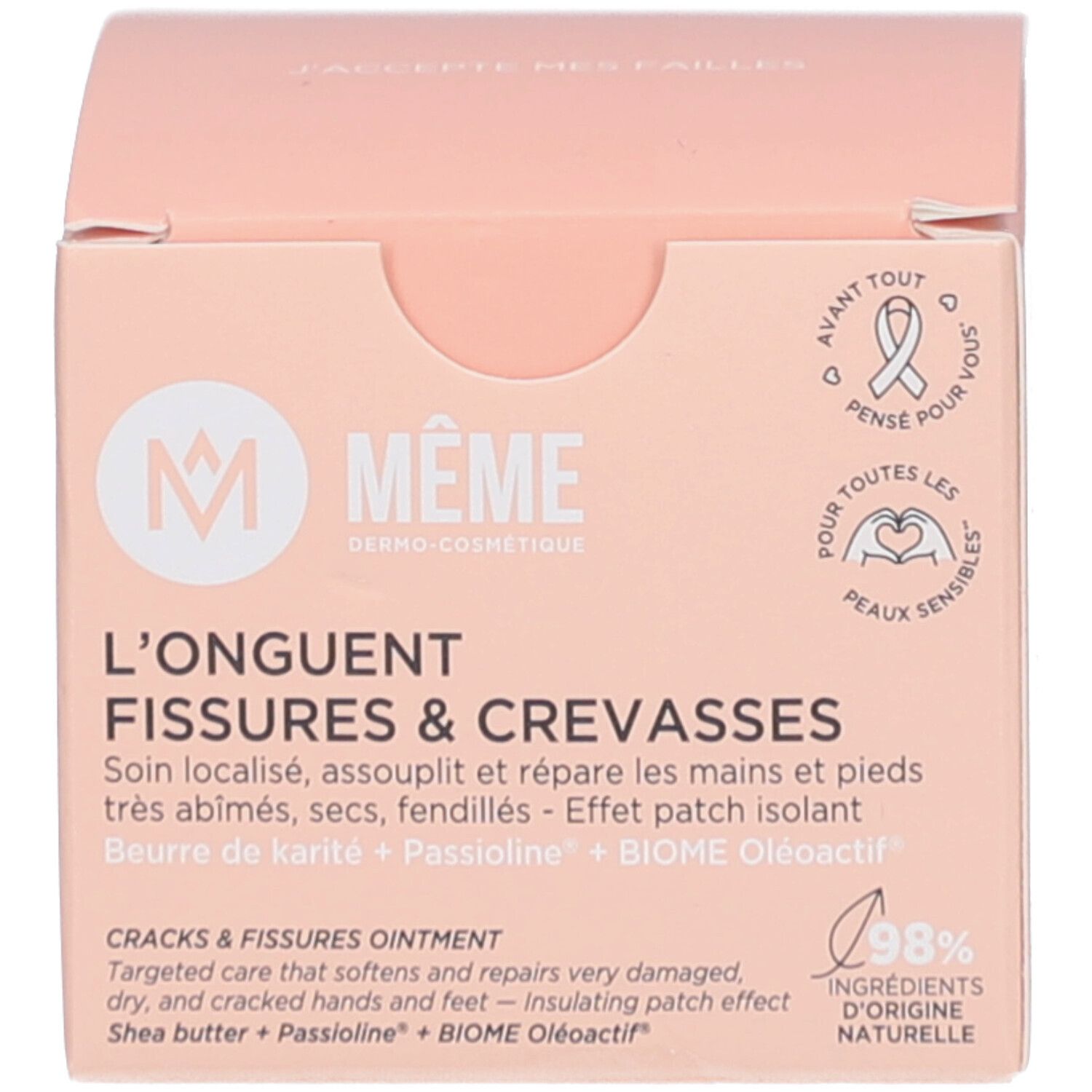 Produktverpackung. Text: L’Onguent Fissures & Crevasses, 98% Inhaltsstoffe natürlichen Ursprungs. Marke: MÊME Cosmetics.