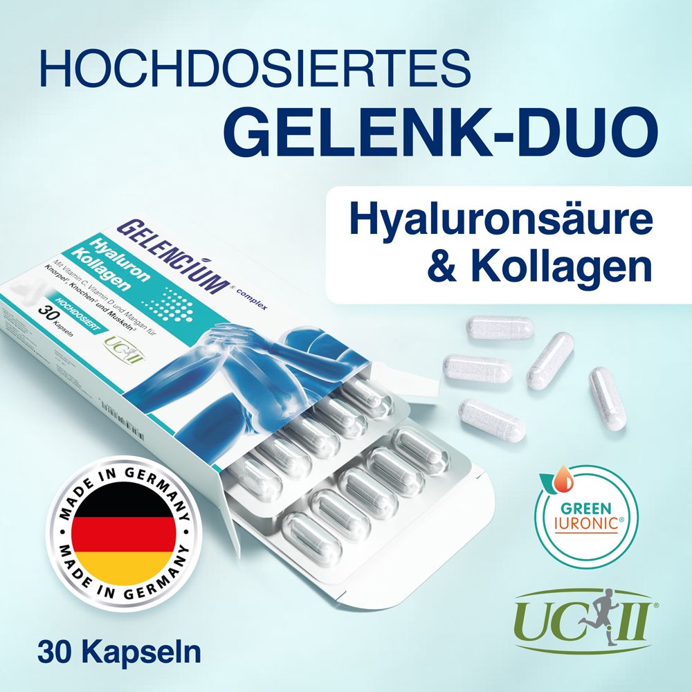 GELENCIUM Hyaluron Kollagen Kapseln. Blisterpackung mit Kapseln, daneben weitere Kapseln. Aufschrift: 30 Kapseln.