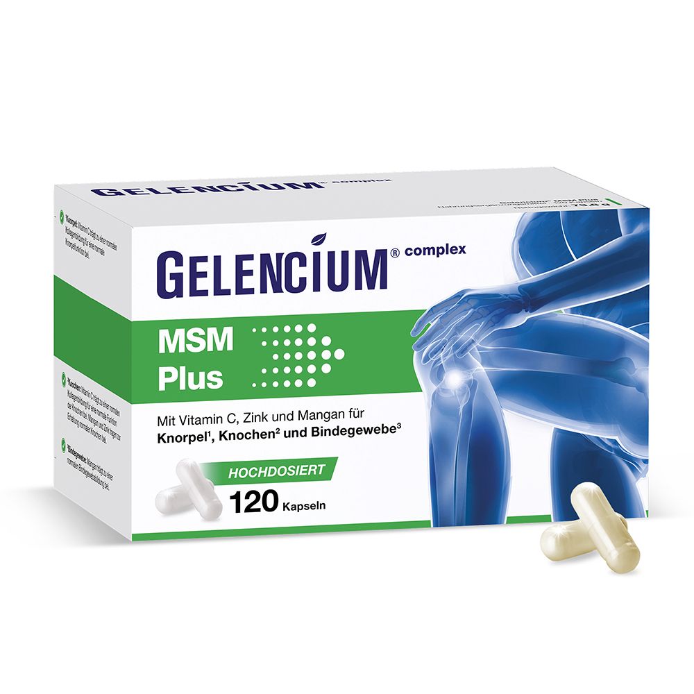 GELENCIUM® complex MSM Plus Packung mit 120 Kapseln und zwei einzelnen Kapseln.