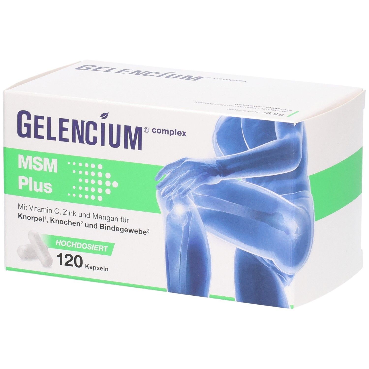 Weiße Schachtel mit GELENCIUM MSM Plus. Enthält 120 Kapseln. Aufdruck: Vitamin C, Zink, Mangan. Abbildung eines Kniegelenks.
