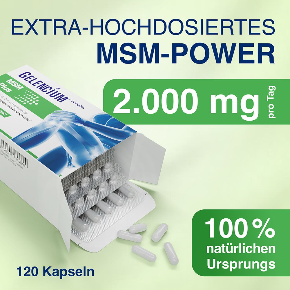 GELENCIUM® complex MSM Plus Packung geöffnet, zeigt 120 Kapseln in Blisterpackungen und lose Kapseln.