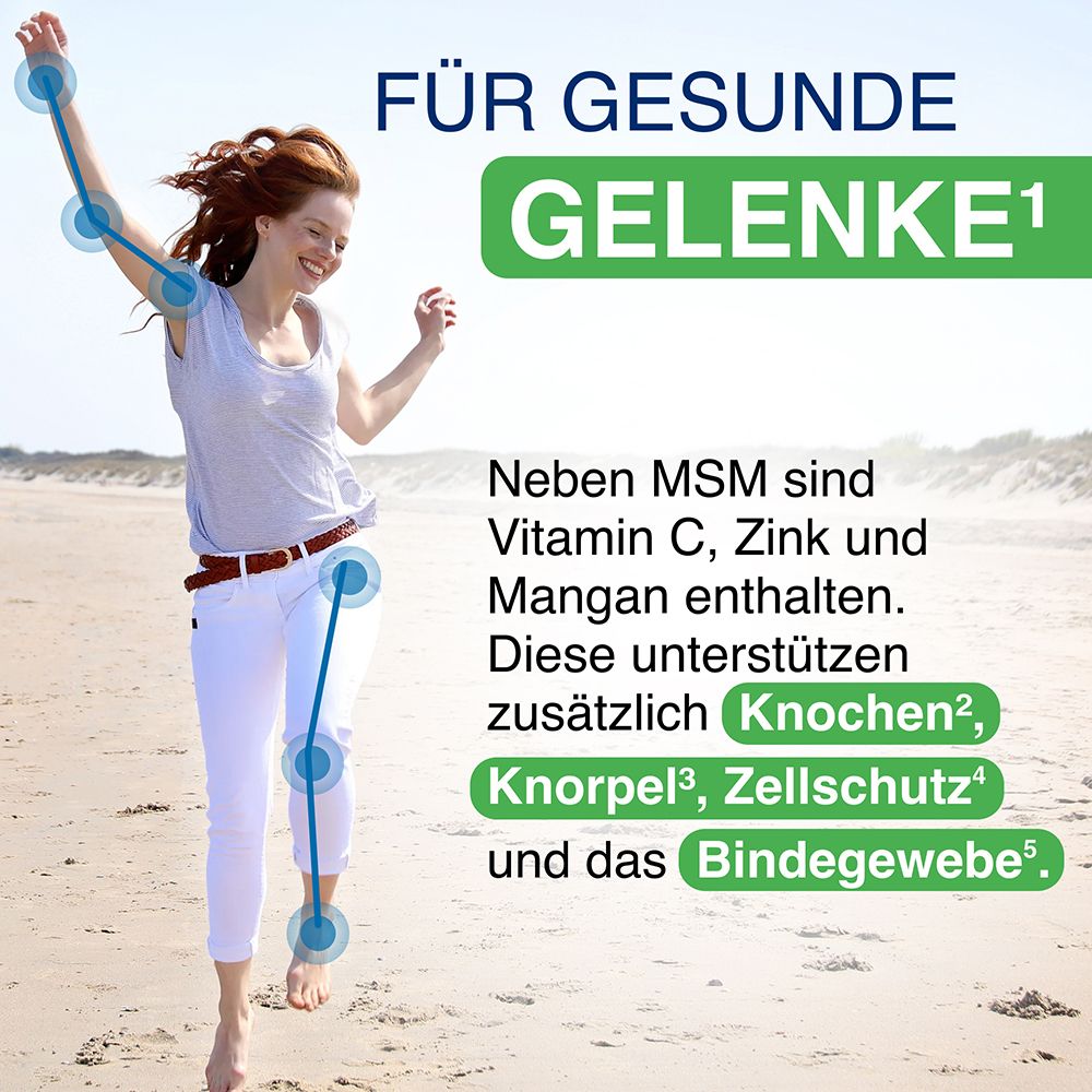 Frau mit gesunden Gelenken am Strand, Text über MSM, Vitamin C, Zink und Mangan zur Unterstützung von Knochen und Knorpel.