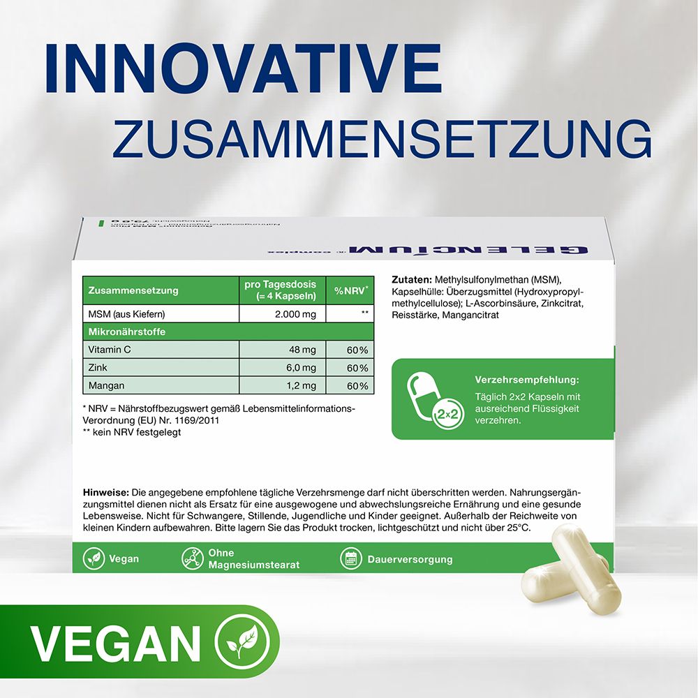 GELENCIUM® complex MSM Plus Packung mit Nährwerttabelle und Inhaltsstoffen.