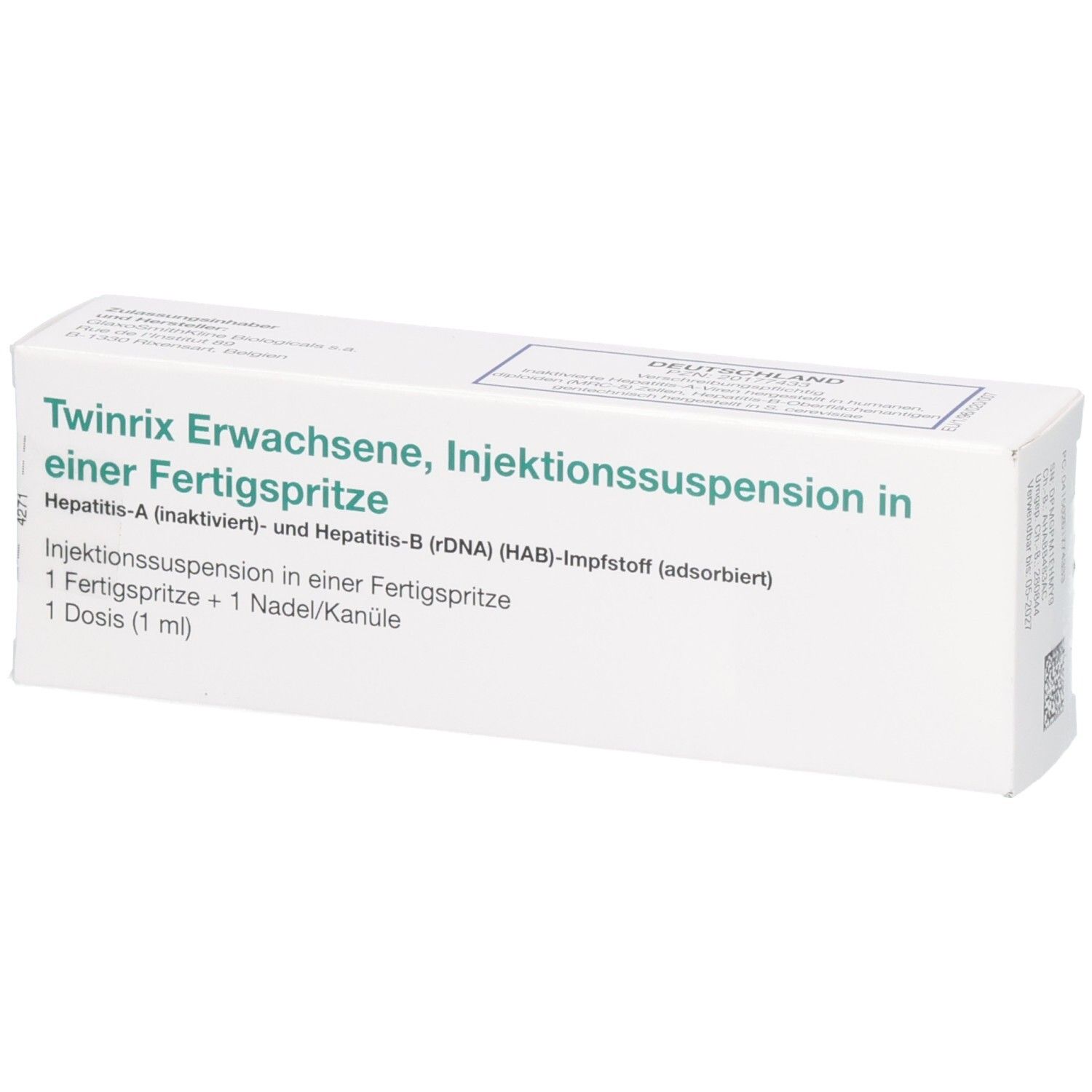 Verpackung von Twinrix Erwachsene, Injektionssuspension in einer Fertigspritze, Hepatitis-A- und Hepatitis-B-Impfstoff.