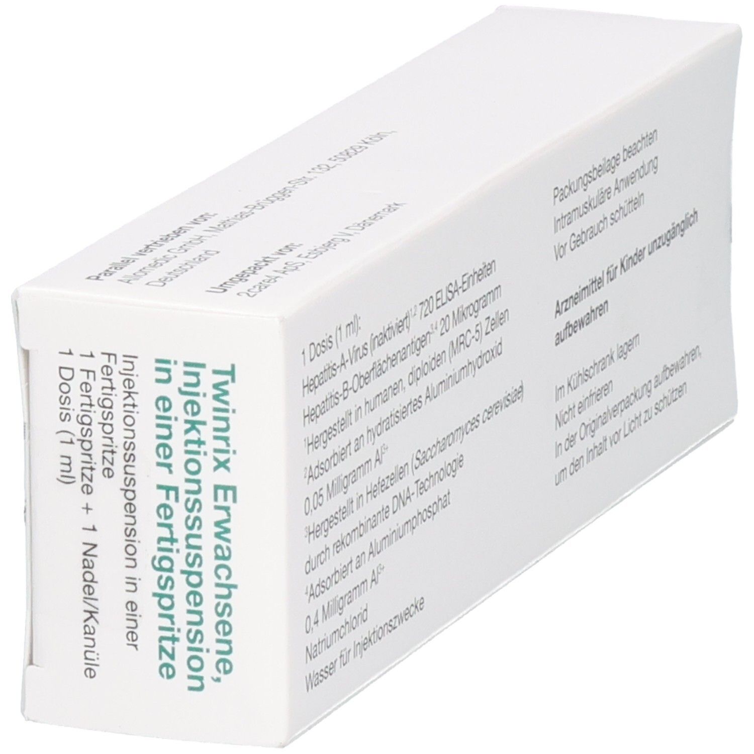 Schräge Ansicht der Twinrix Erwachsene Impfstoff-Verpackung, zeigt die Vorder- und Seitenflächen.