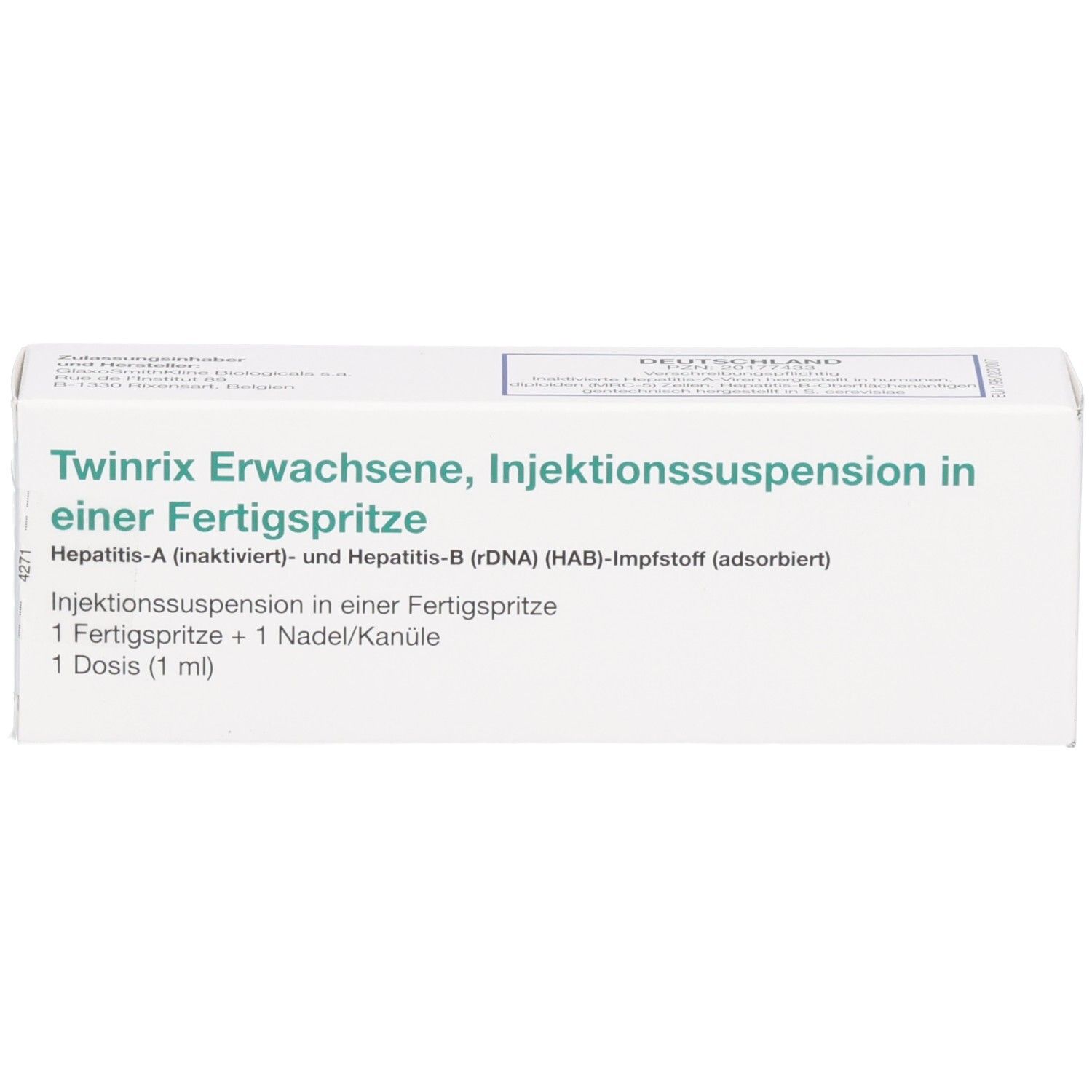 Vorderseite der Twinrix Erwachsene Impfstoff-Verpackung mit Produktinformationen.