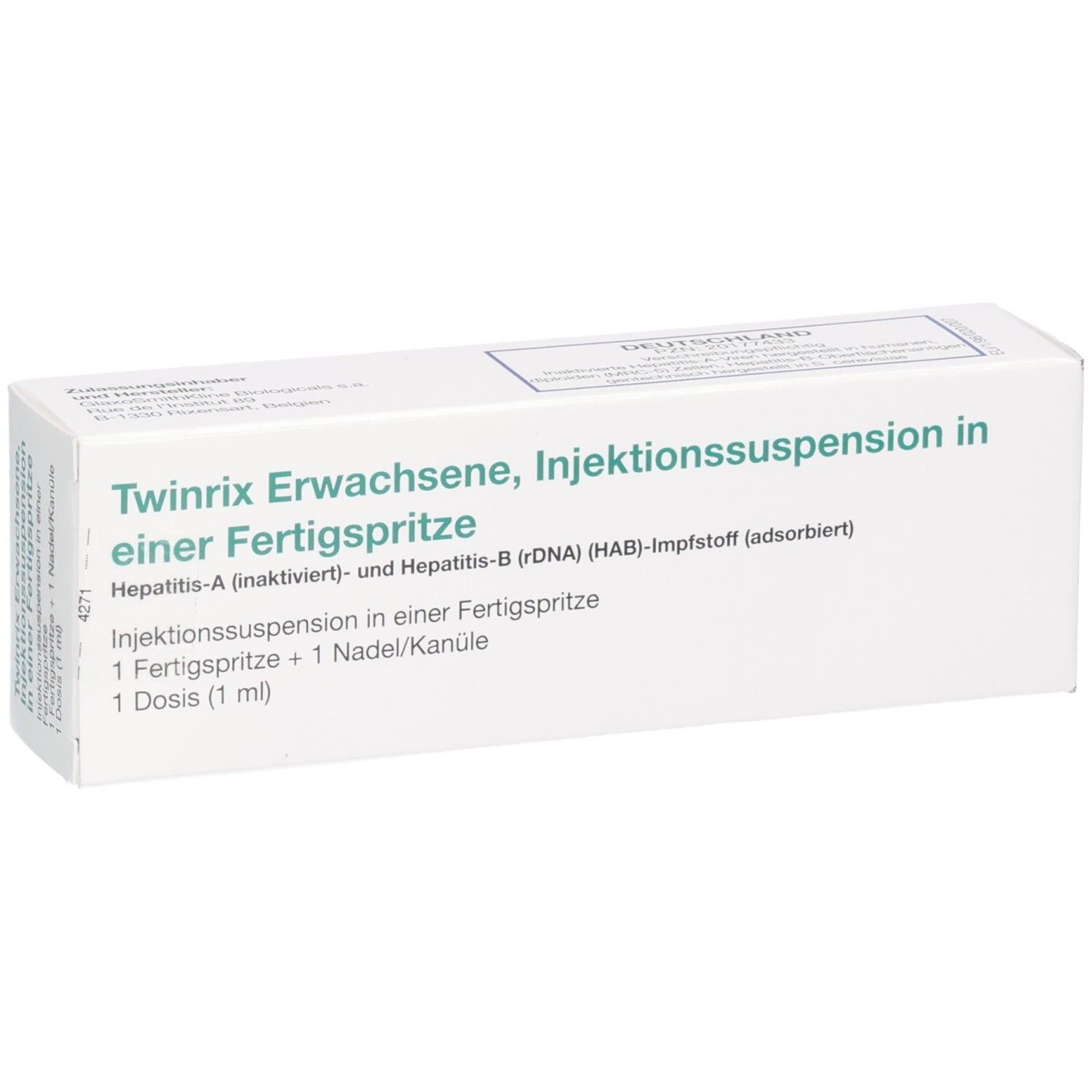 Nahaufnahme der Twinrix Erwachsene Impfstoff-Verpackung, Fokus auf den Produktnamen und Inhalt.