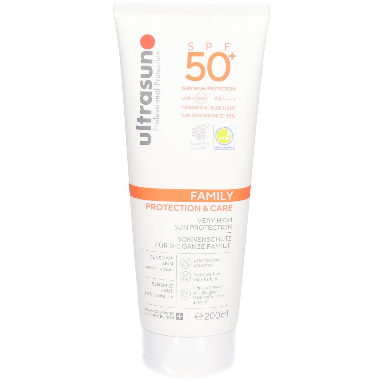 Weiße Tube mit rotem und orangefarbenem Aufdruck. Text: ultrasun, SPF 50+, FAMILY PROTECTION & CARE. Enthält Logos und Text in Deutsch.