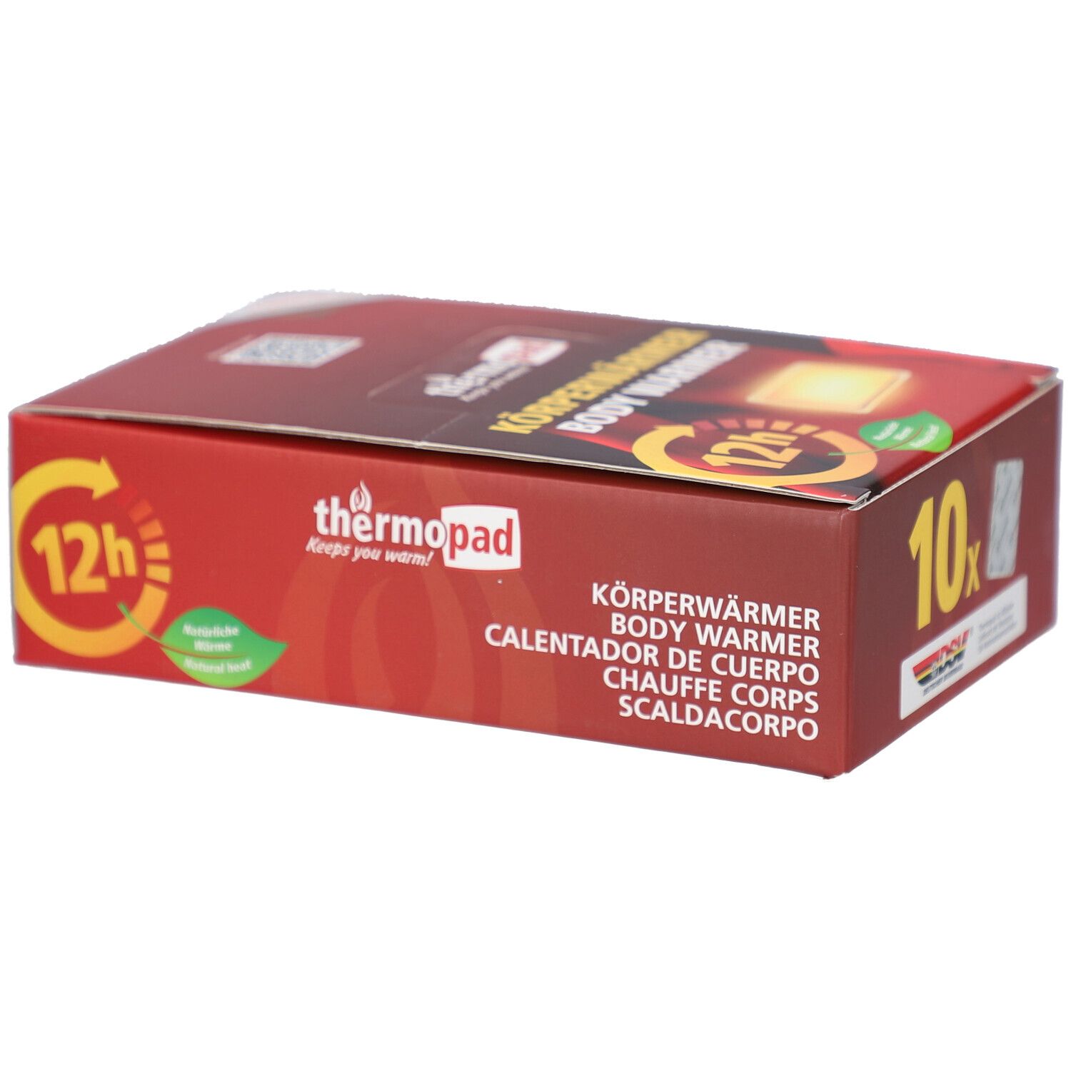 Braune Verpackung mit 'Körperwärmer Body Warmer'. Logo: thermopad. Enthält 10 Stück. Grün: Natürliche Wärme. 12h.