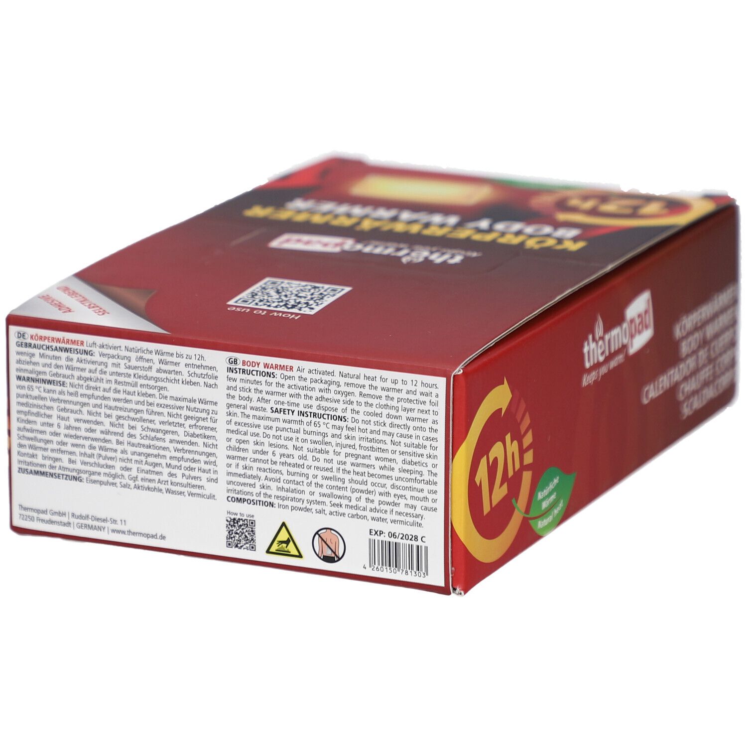 Braune Verpackung mit Text und QR-Code. Aufschrift: Körperwärmer. Logo: thermopad. Enthält Informationen und Warnhinweise.