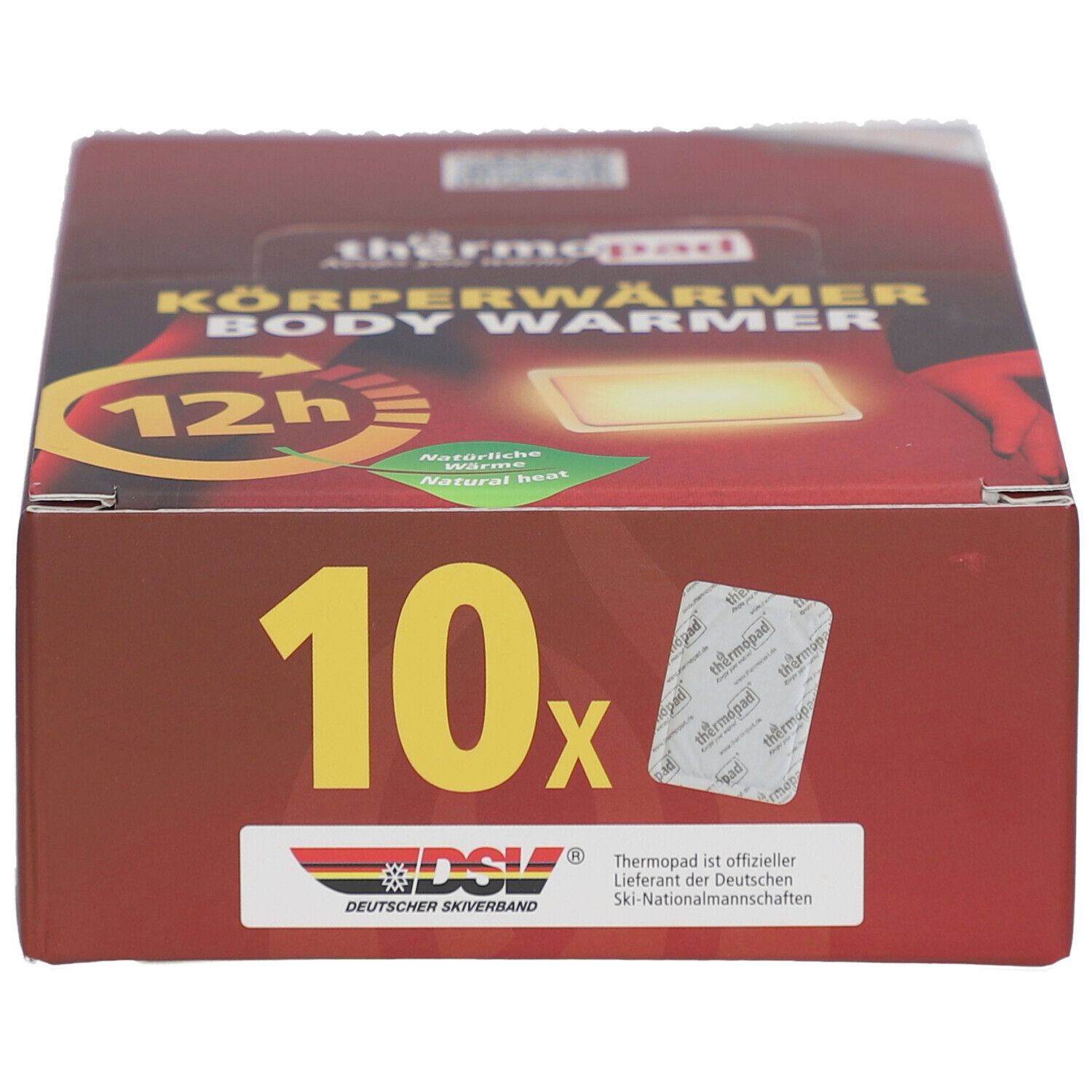 Braune Verpackung mit 'Körperwärmer Body Warmer'. Enthält 10 Stück. Logo: thermopad. Gütesiegel: Deutscher Skiverband.