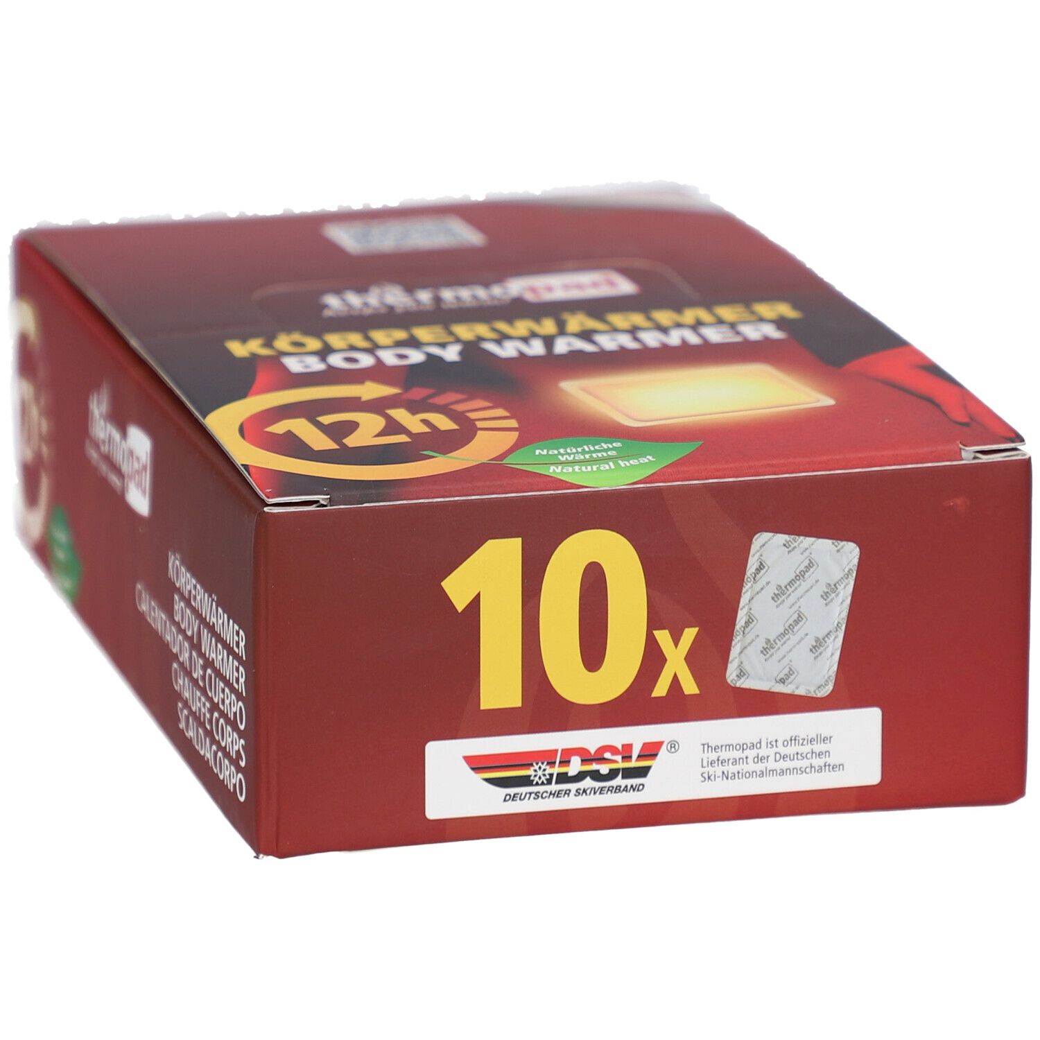 Braune Verpackung mit 'Körperwärmer Body Warmer'. Enthält 10 Stück. Logo: thermopad. Gütesiegel: Deutscher Skiverband. 12h.