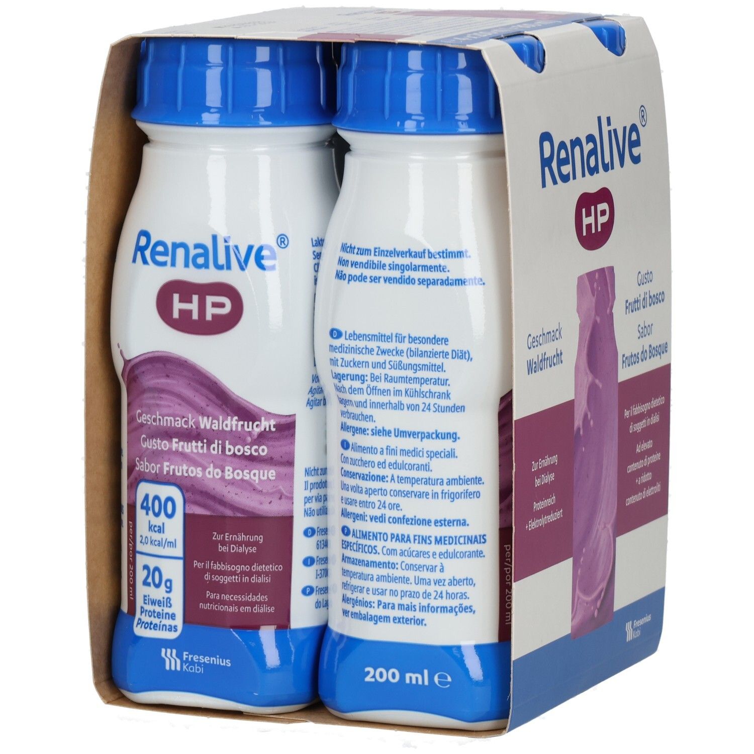 Packung mit zwei Flaschen. Aufschrift: Renalive HP, Geschmack Waldfrüchte. Enthält Nährwertangaben und Informationen.