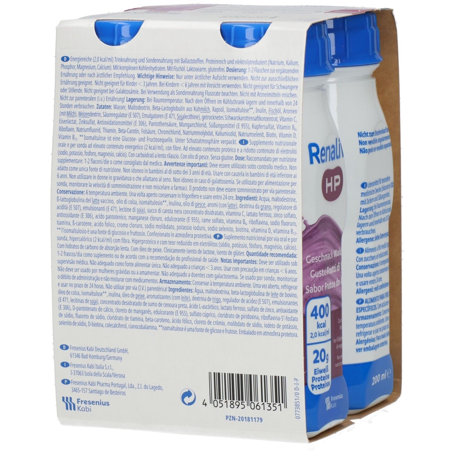 Rückseite der Packung mit zwei Flaschen. Enthält Informationen zu Inhaltsstoffen, Nährwerten und Anwendungshinweisen.