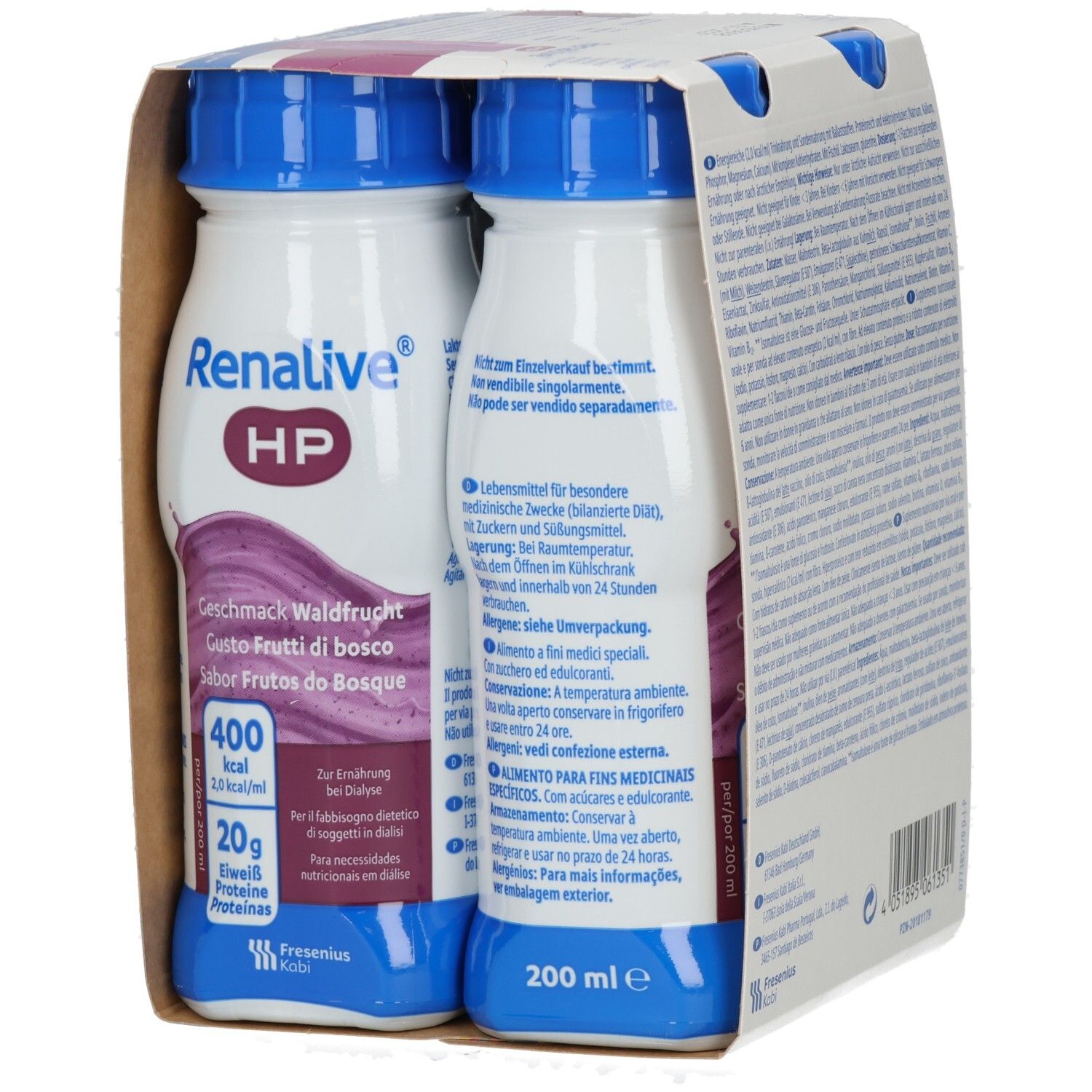 Packung mit zwei Flaschen. Aufschrift: Renalive HP, Geschmack Waldfrüchte. Enthält Nährwertangaben und Informationen.