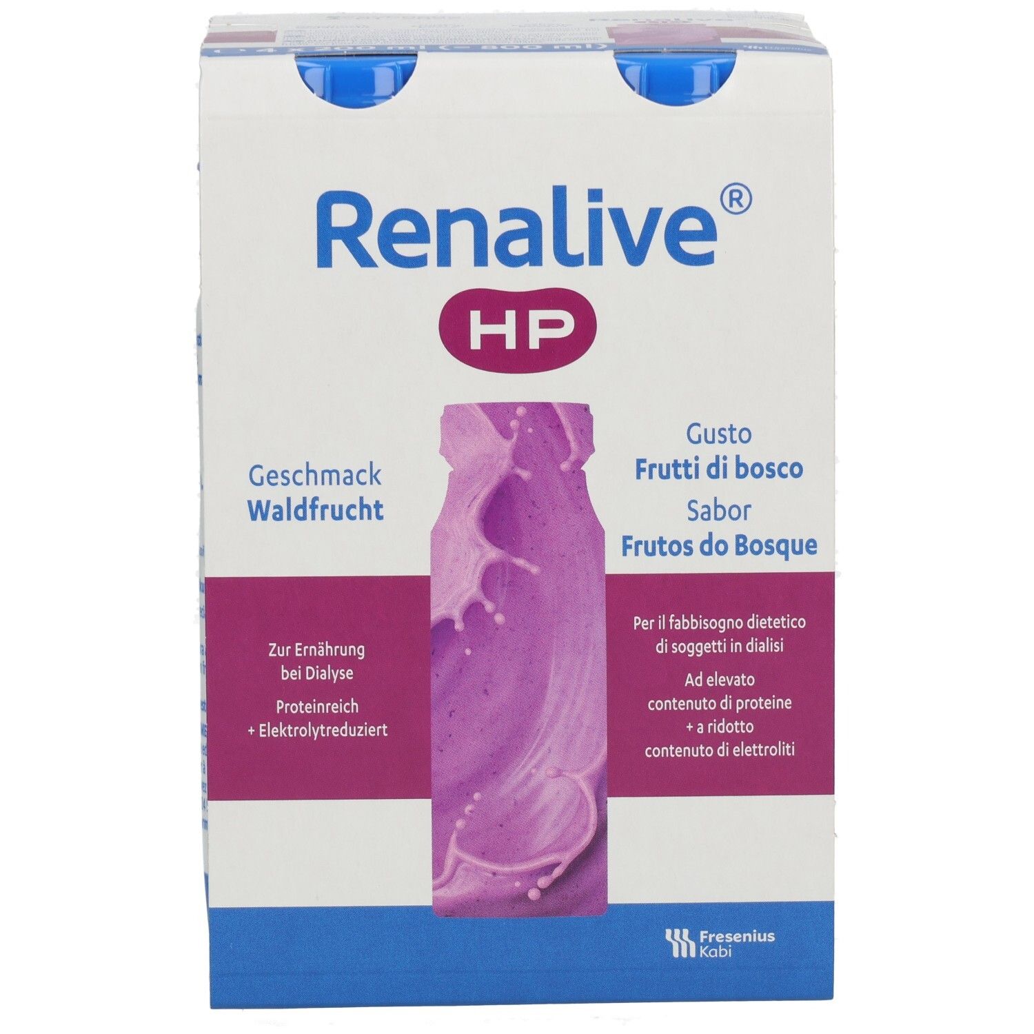 Verpackung mit einer Flasche. Aufschrift: Renalive HP, Geschmack Waldfrüchte. Enthält Informationen zur Ernährung bei Dialyse.