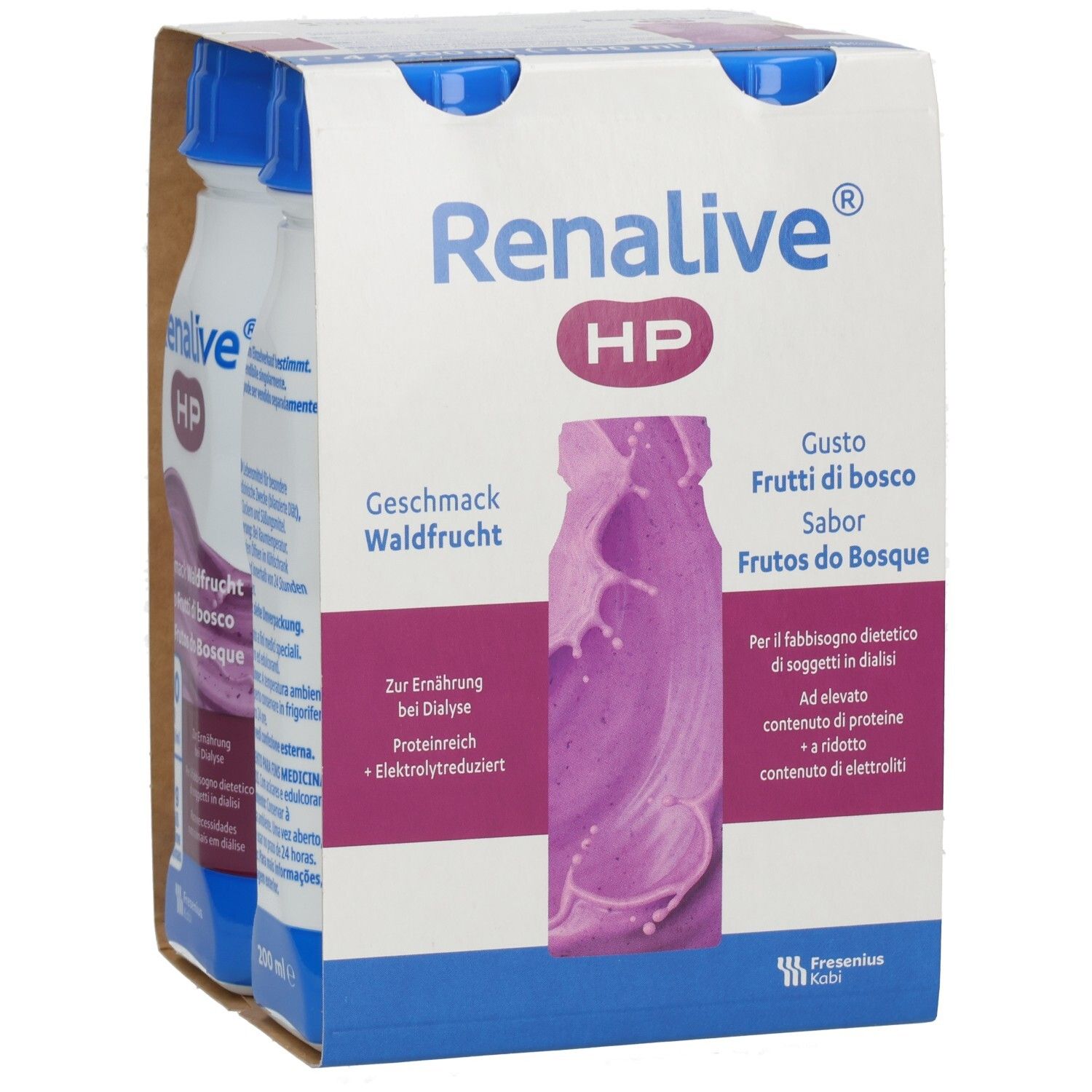 Packung mit zwei Flaschen. Aufschrift: Renalive HP, Geschmack Waldfrüchte. Enthält Informationen zur Ernährung bei Dialyse.
