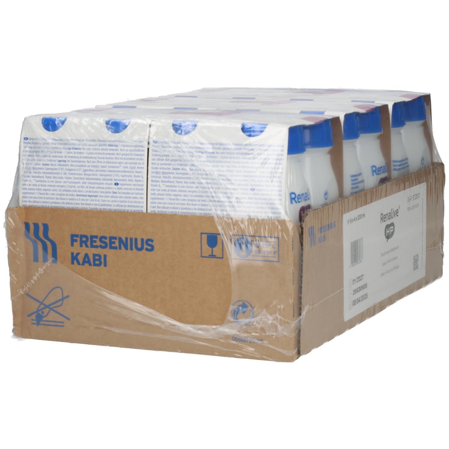Karton mit RENALIVE HP Flaschen, in Folie verpackt. Aufdruck: Fresenius Kabi. Teilweise Produktinformationen sichtbar.