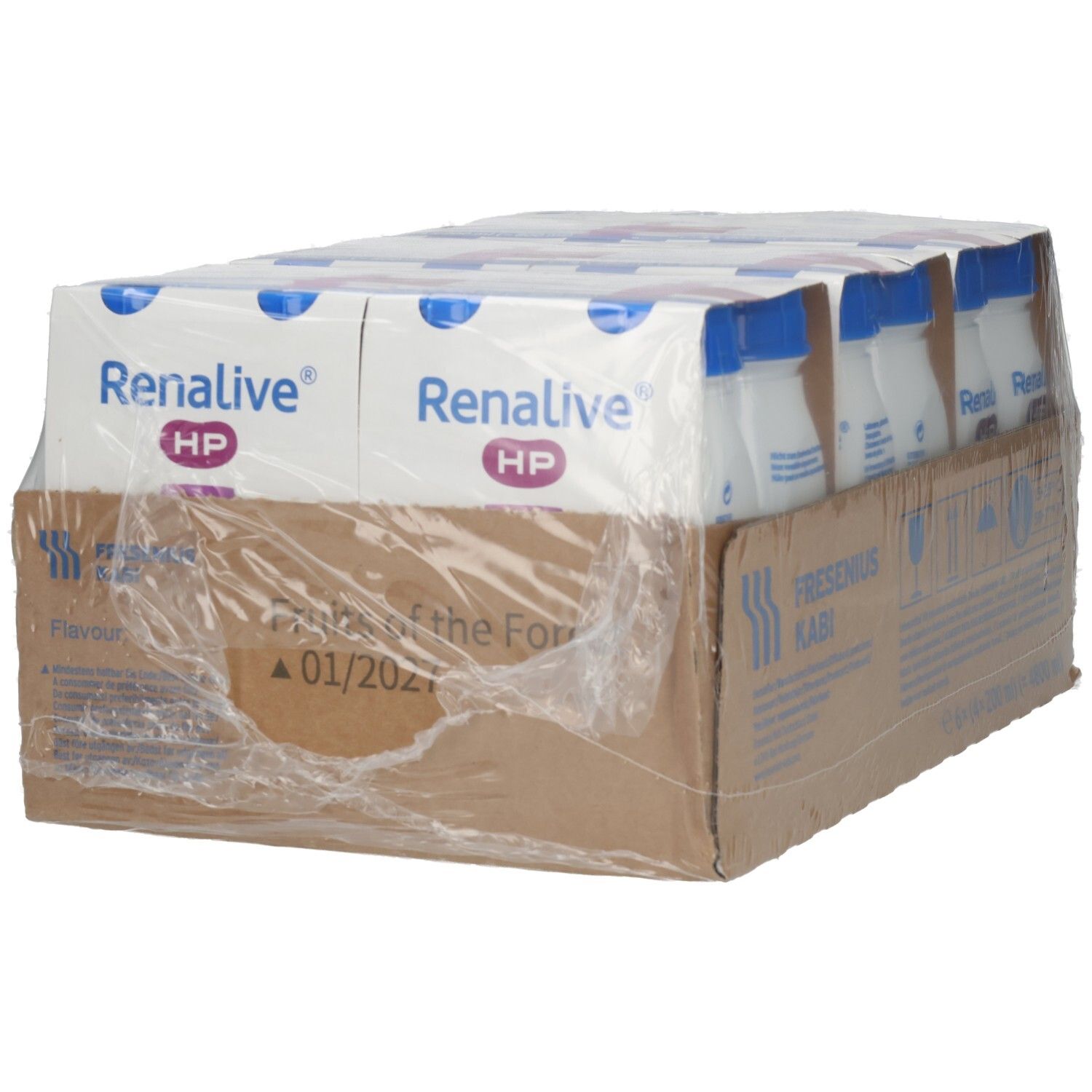 Karton mit RENALIVE HP Flaschen, in Folie verpackt. Aufdruck: RENALIVE HP. Teilweise Produktinformationen sichtbar.