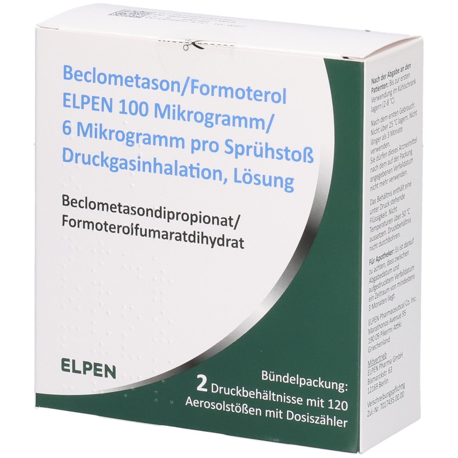 Karton mit Produktinformationen. Beschriftung: Beclometason/Formoterol ELPEN 100 Mikrogramm/6 Mikrogramm pro Sprühstoß. 2 Druckbehältnisse mit 120 Aerosolstößen.